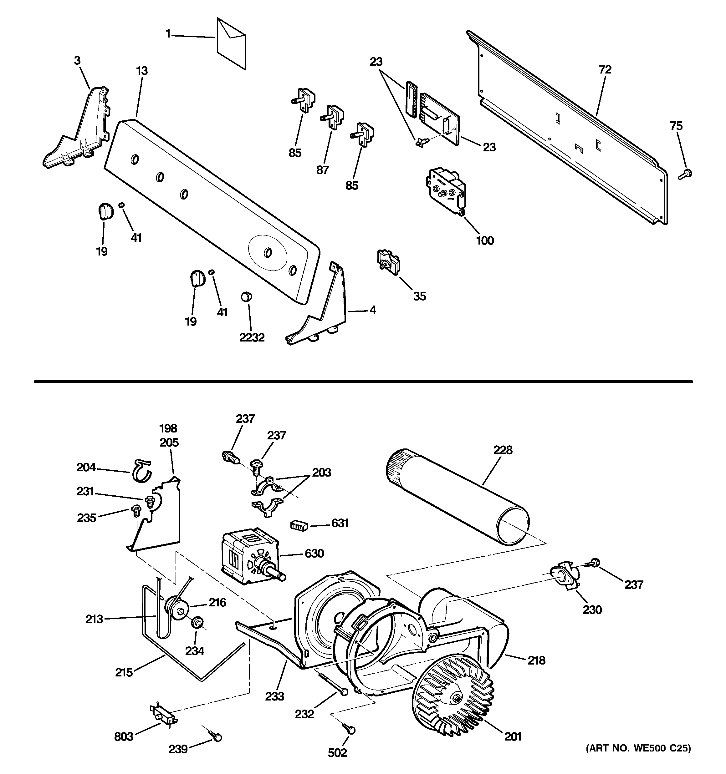 GE DRSR495GG5WW backsplash, blower & motor assembly diagram