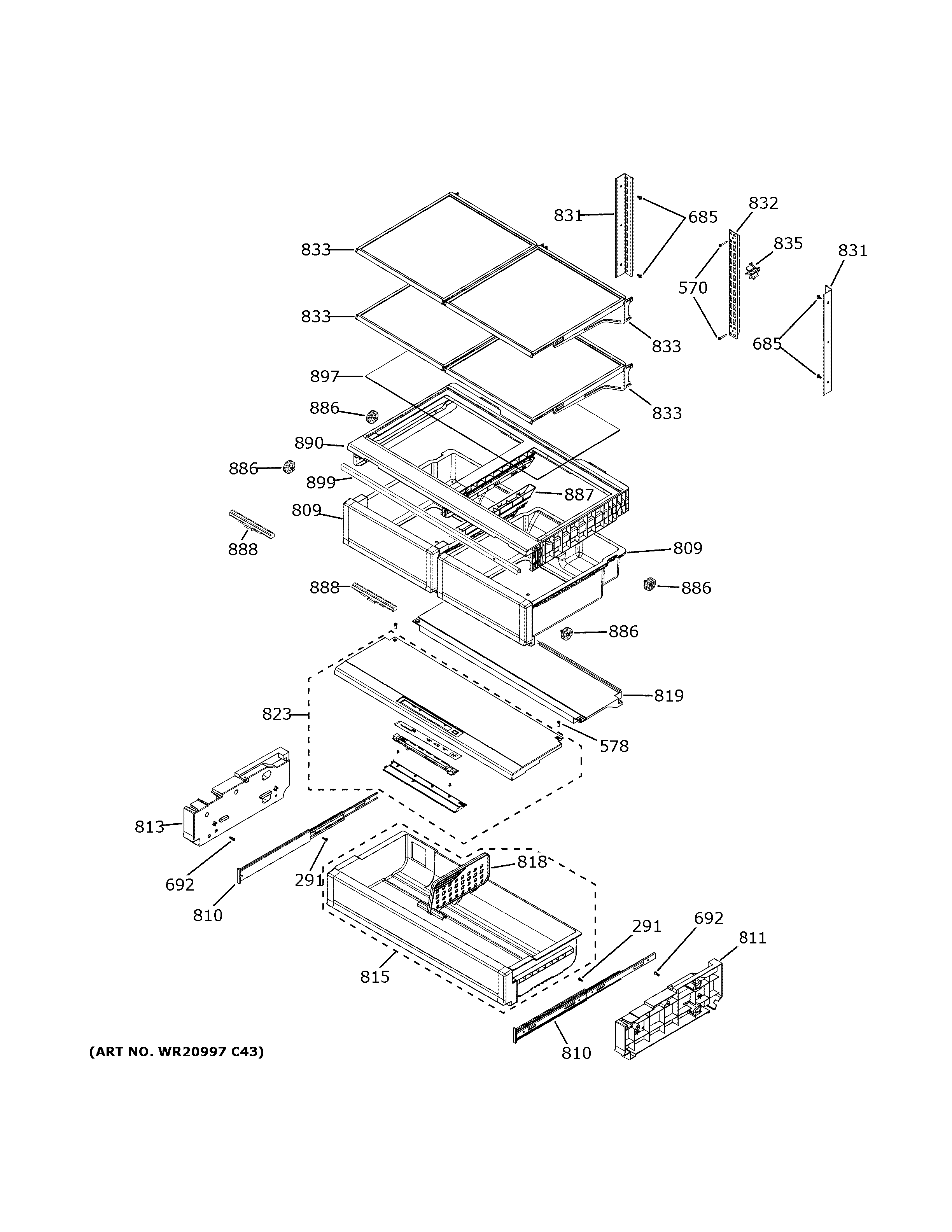 GE GWE23GENCDS fresh food shelves diagram