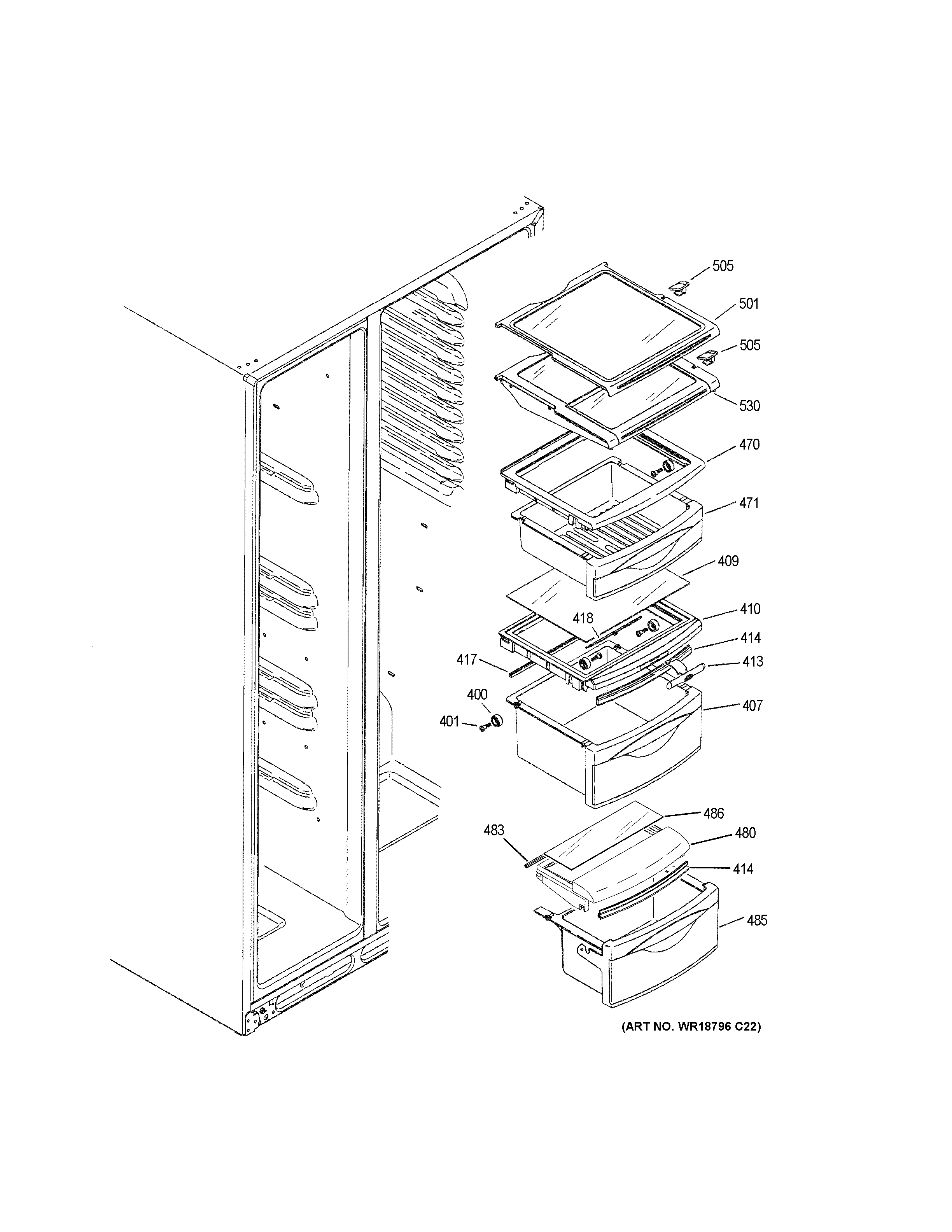 GE PSE25KYHBHFS fresh food shelves diagram