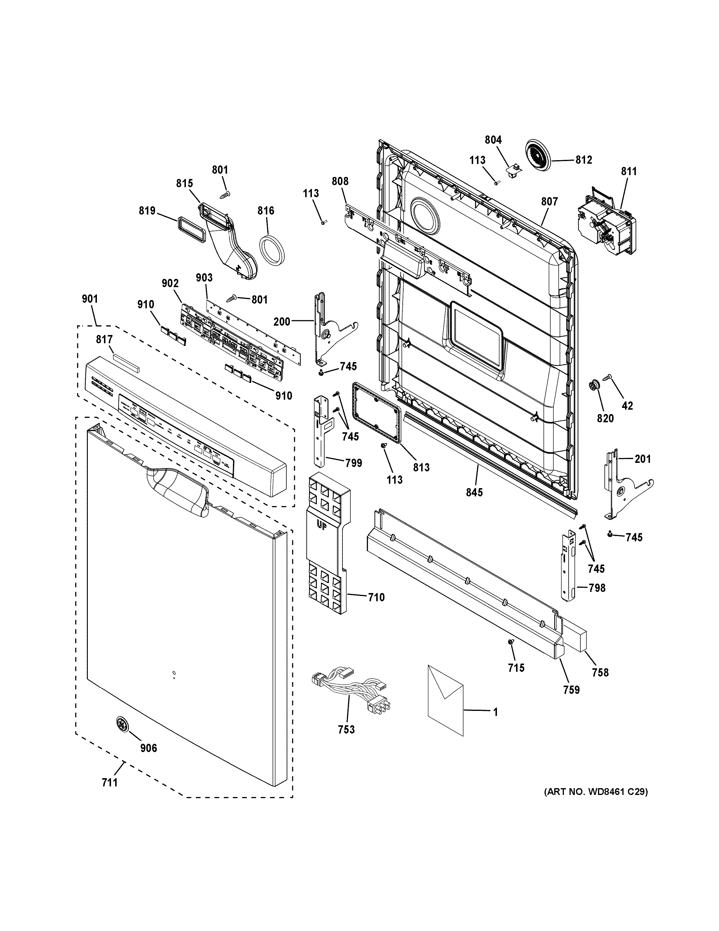 GE GDF610PMJ5ES escutcheon & door assembly diagram