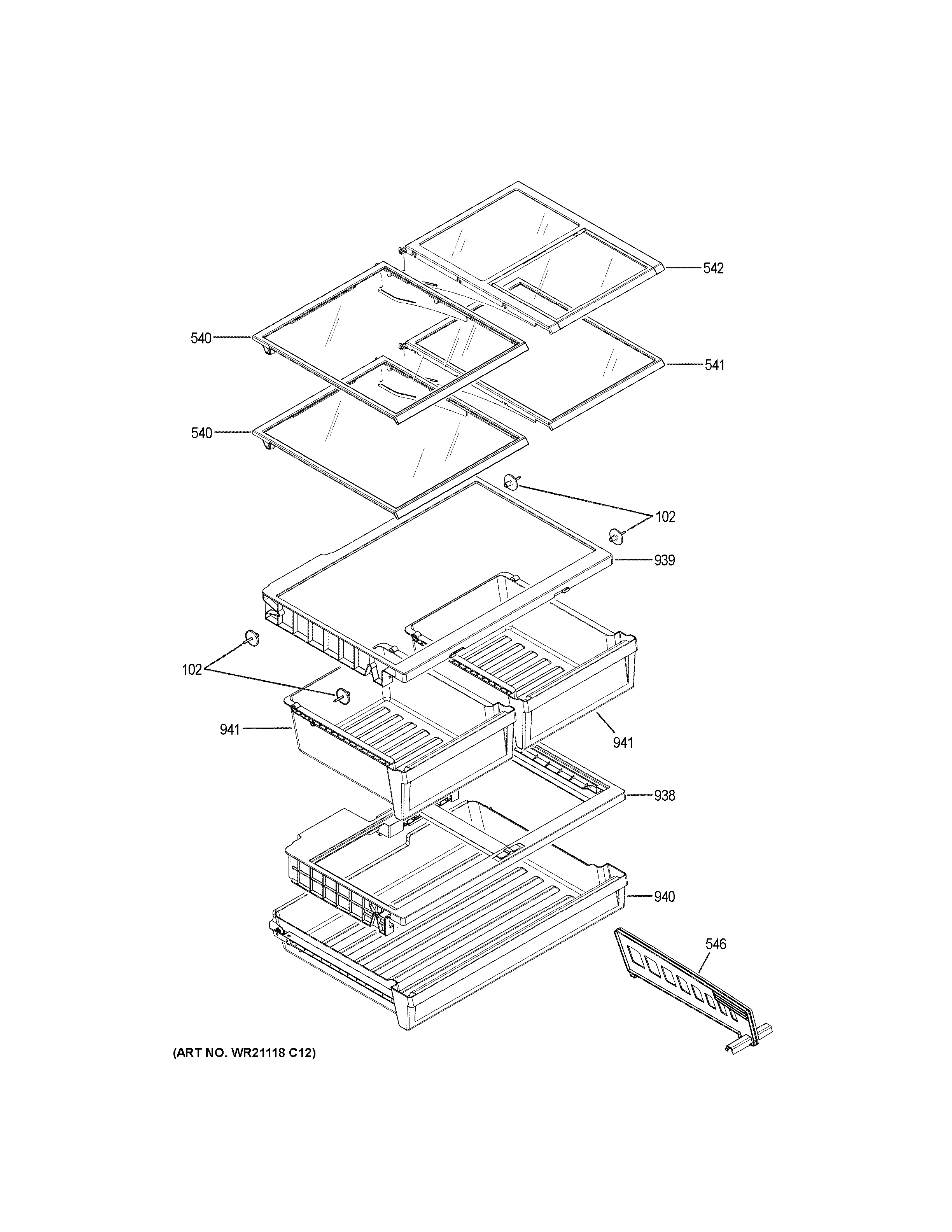 GE GNE27JGMNFWW fresh food shelves diagram