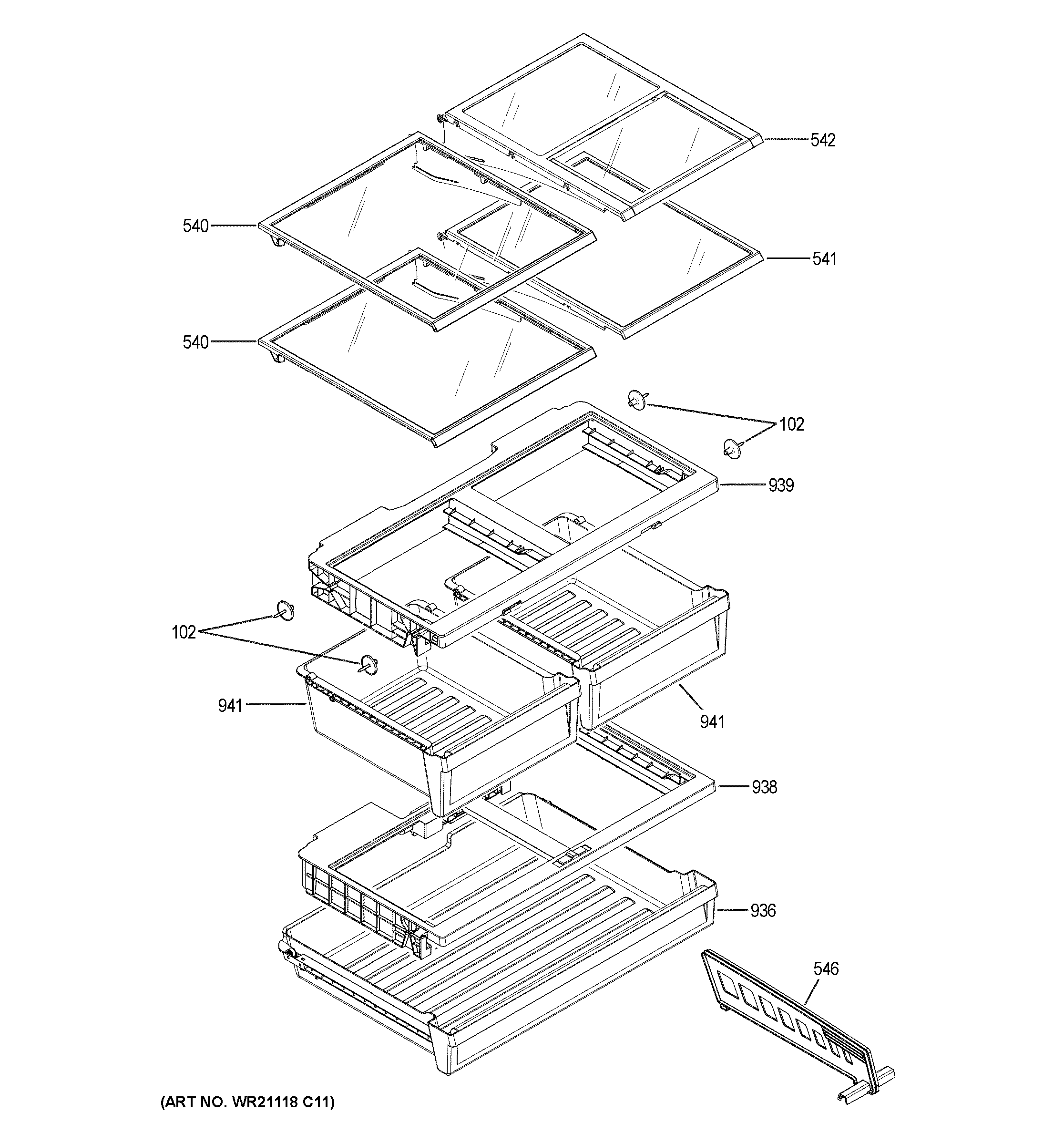 GE GFE26JMMNFES fresh food shelves diagram