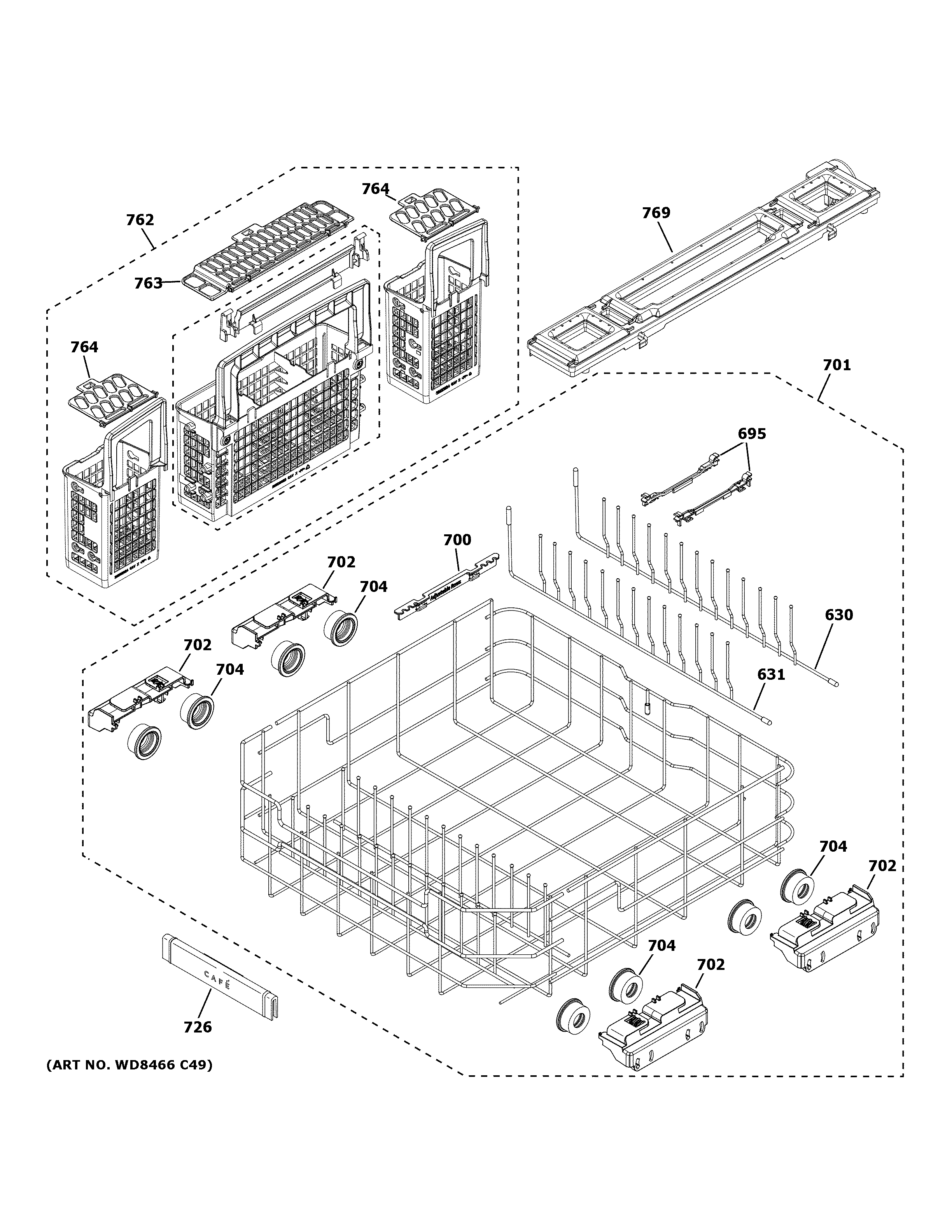 GE CDT845M5N3S5 lower rack assembly diagram