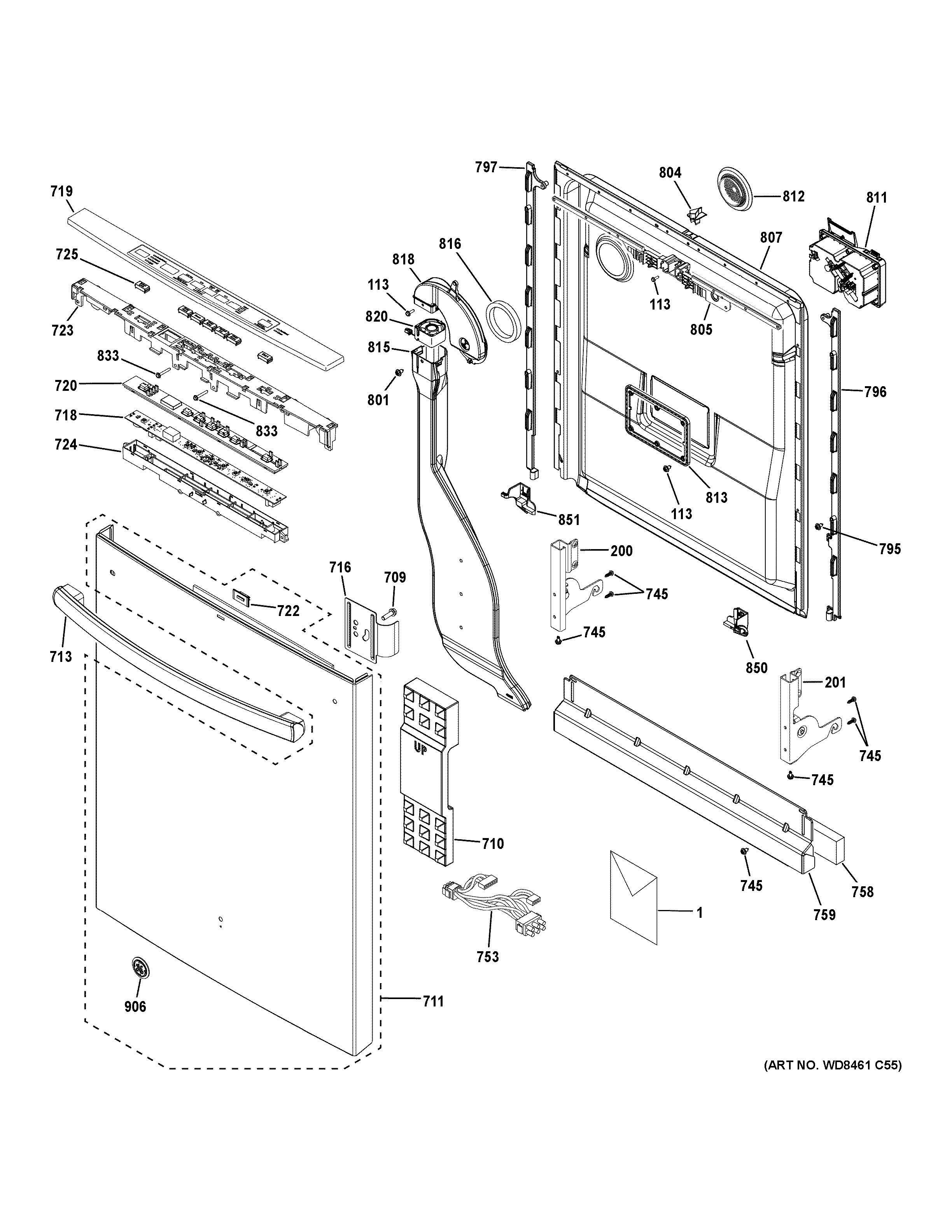 GE DDT595SGJ5WW escutcheon & door assembly diagram