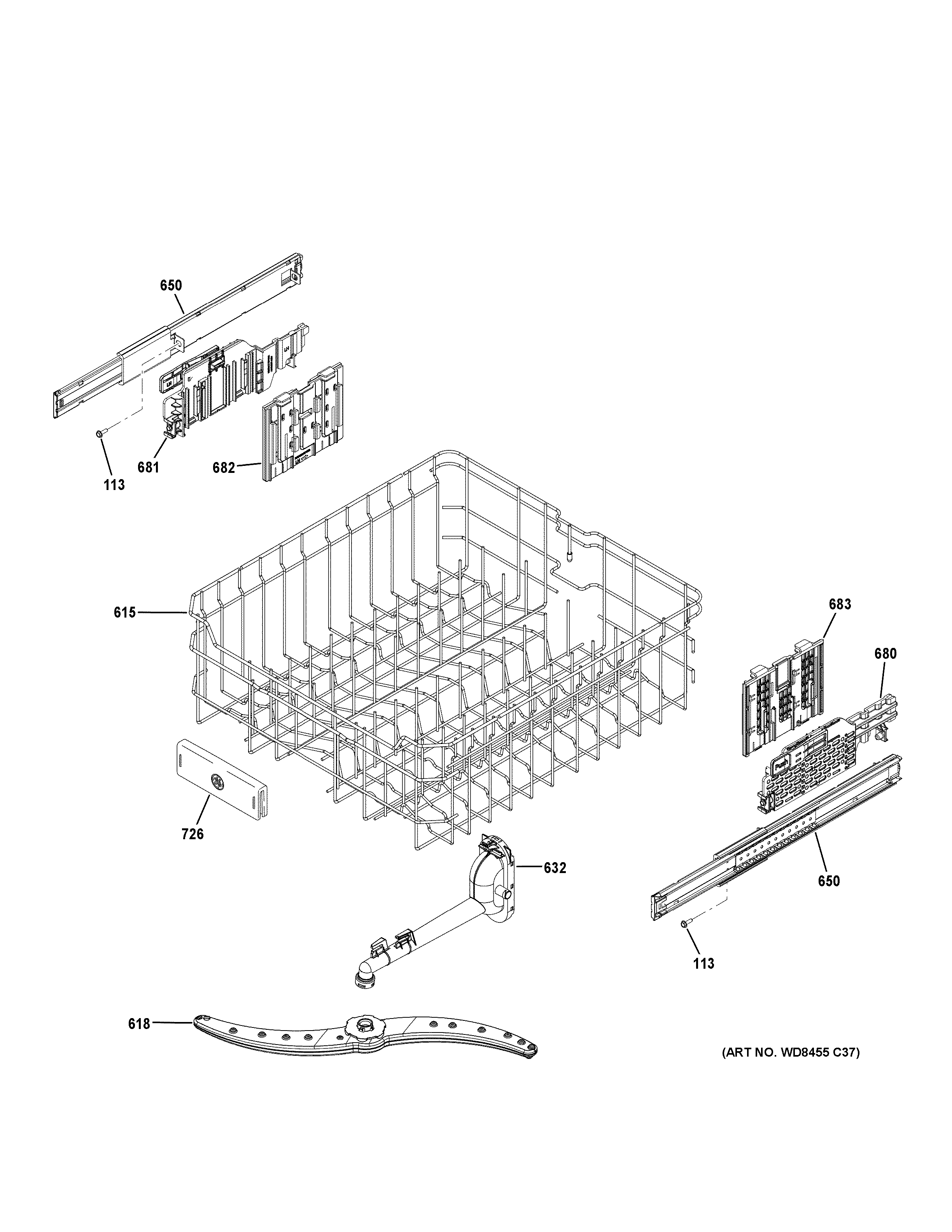 GE DDT595SGJ5BB upper rack assembly diagram