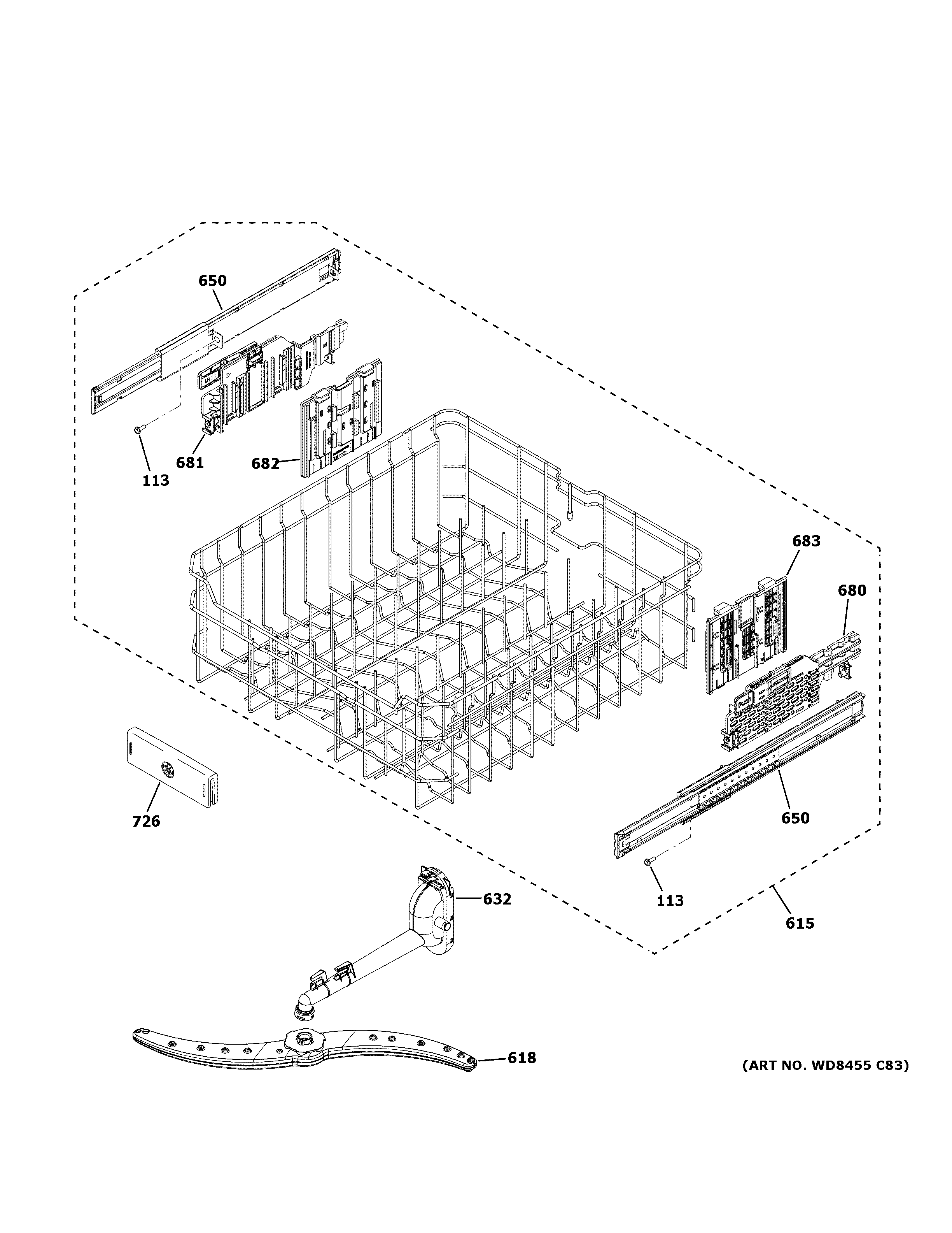 GE DDT700SMN2ES upper rack assembly diagram