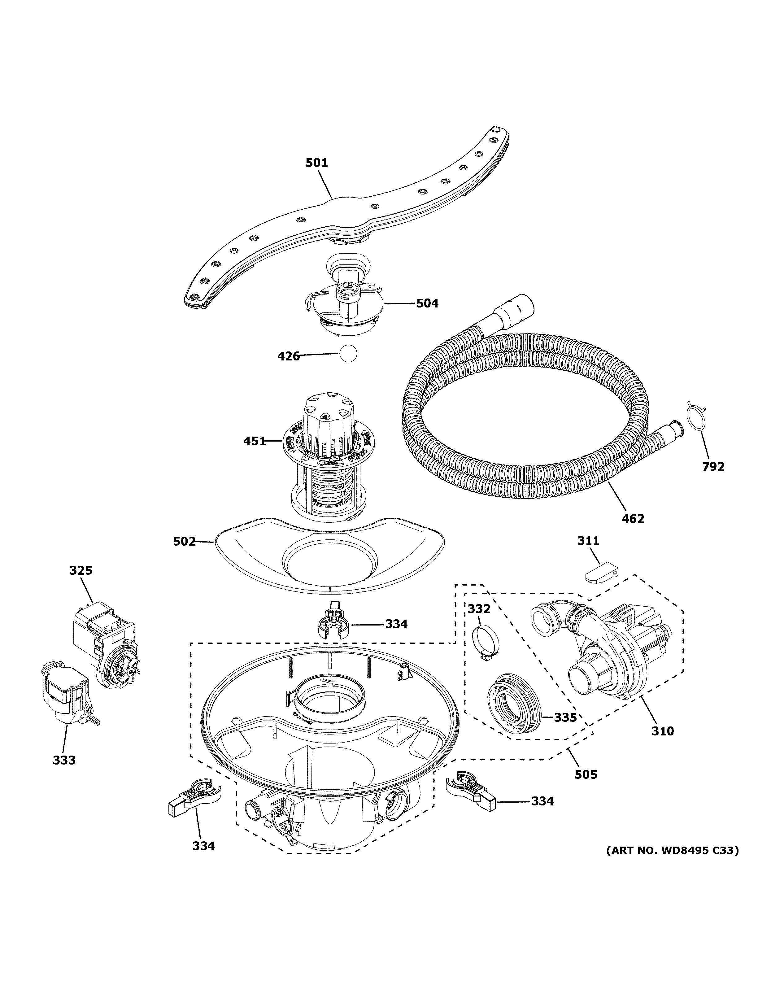GE GDF510PGM5BB motor, sump & filter assembly diagram