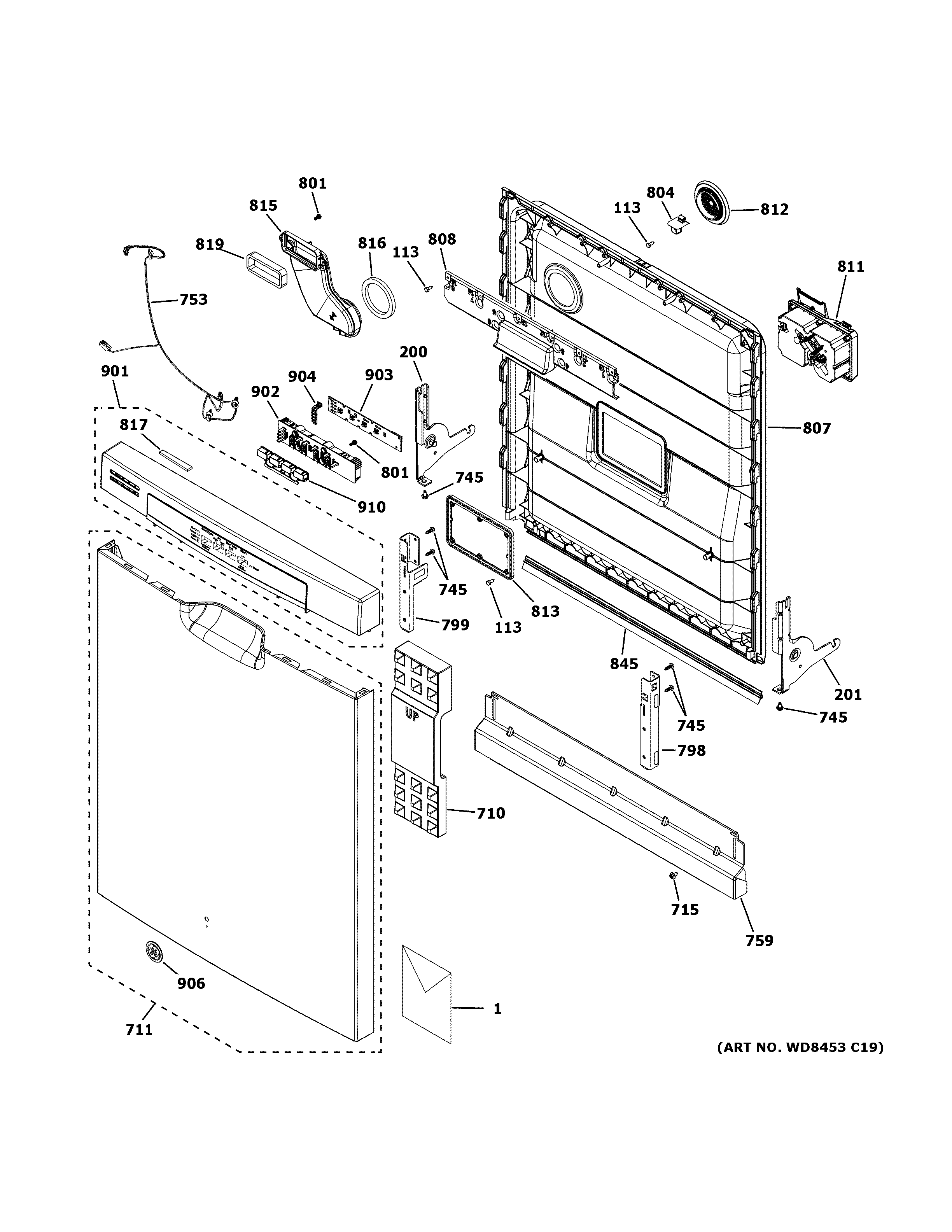GE GDF511PSM5SS escutcheon & door assembly diagram