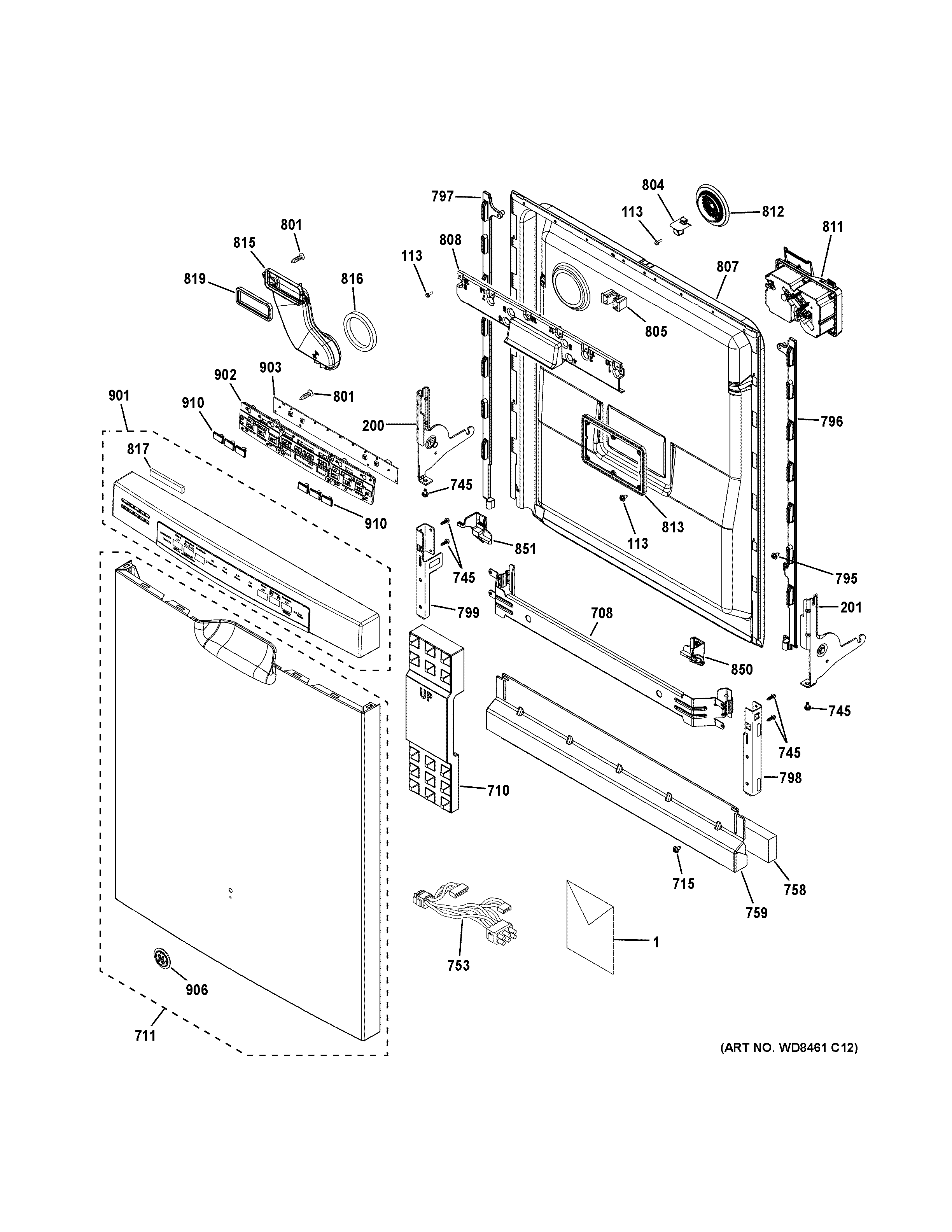 GE GDF620HGJ6WW escutcheon & door assembly diagram