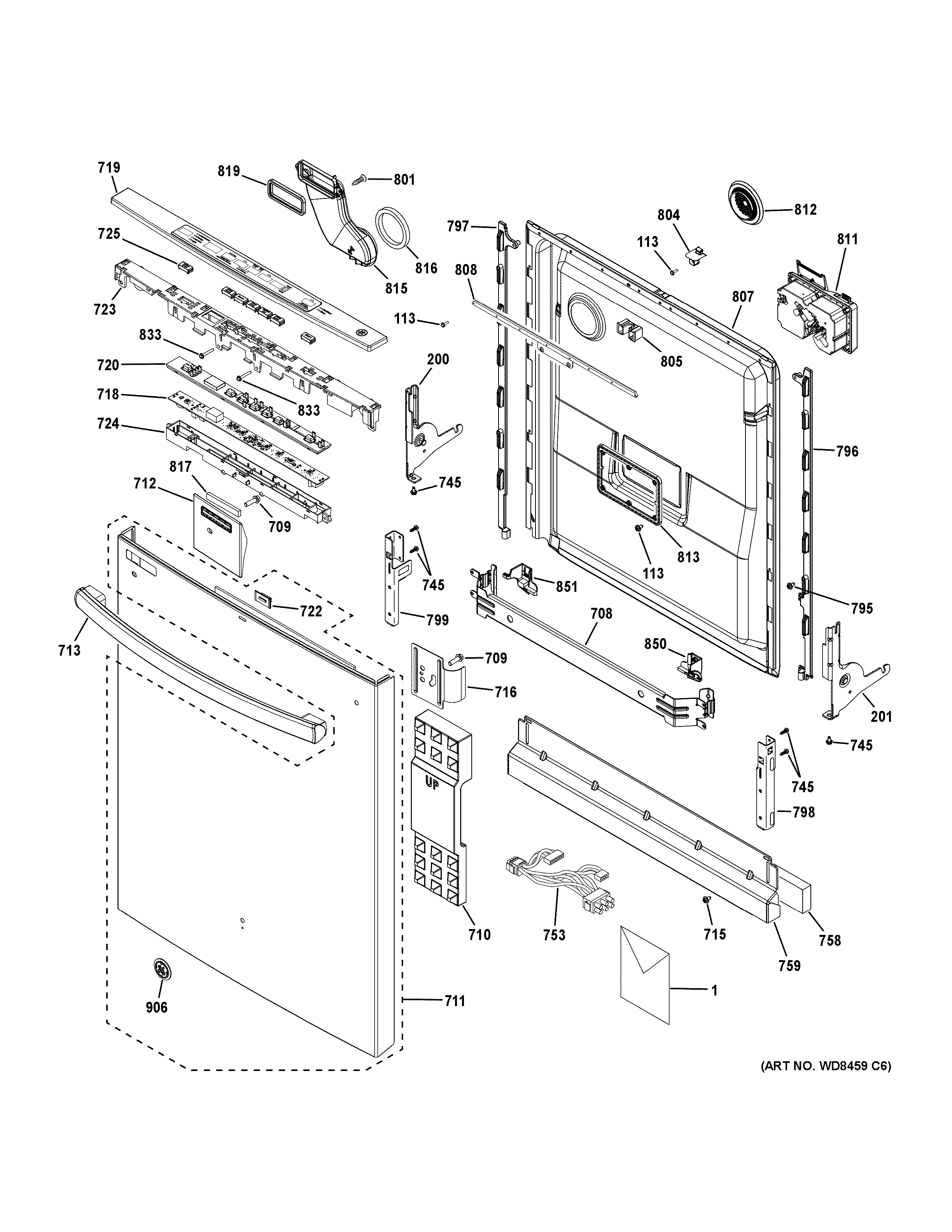 GE GDT635HGJ6BB escutcheon & door assembly diagram