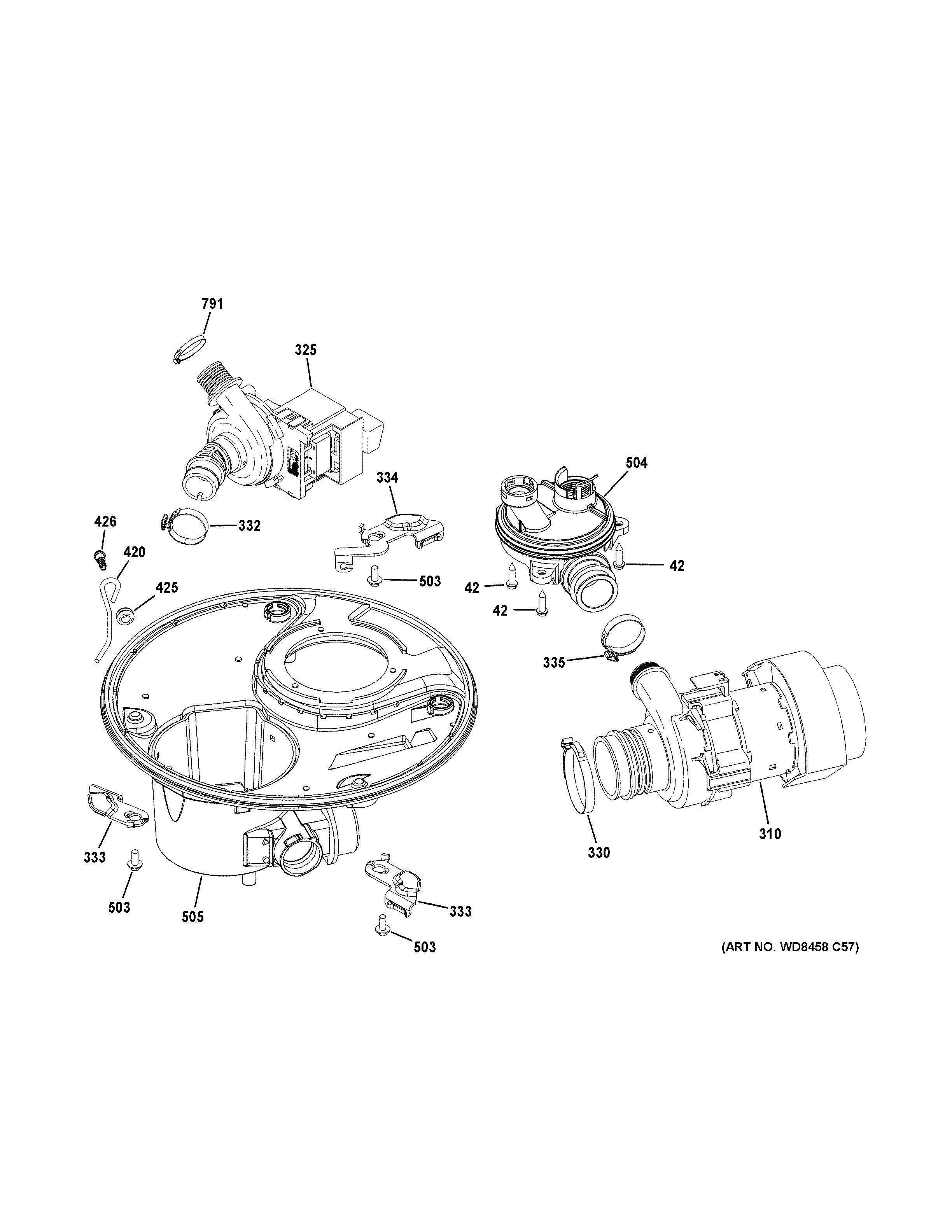 GE GDT535PSM0SS sump & motor mechanism diagram