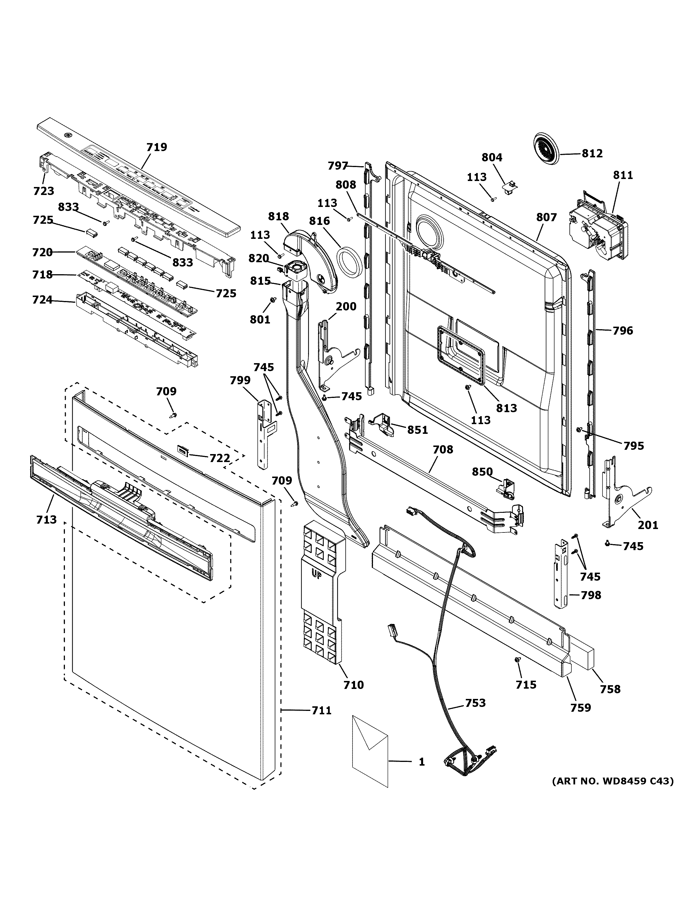 GE GDP615HBM0TS escutcheon & door assembly diagram