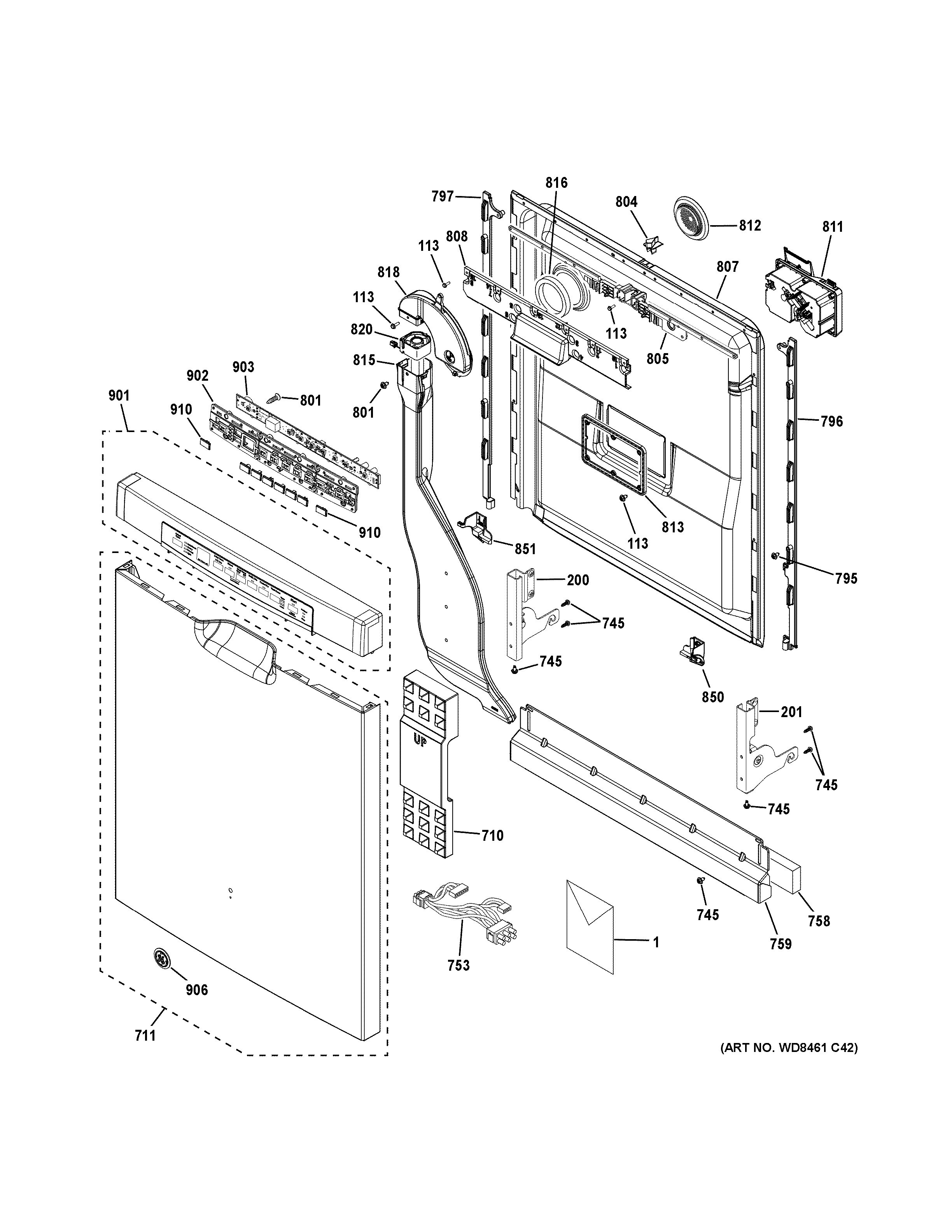 GE GDF650SMJ5ES escutcheon & door assembly diagram