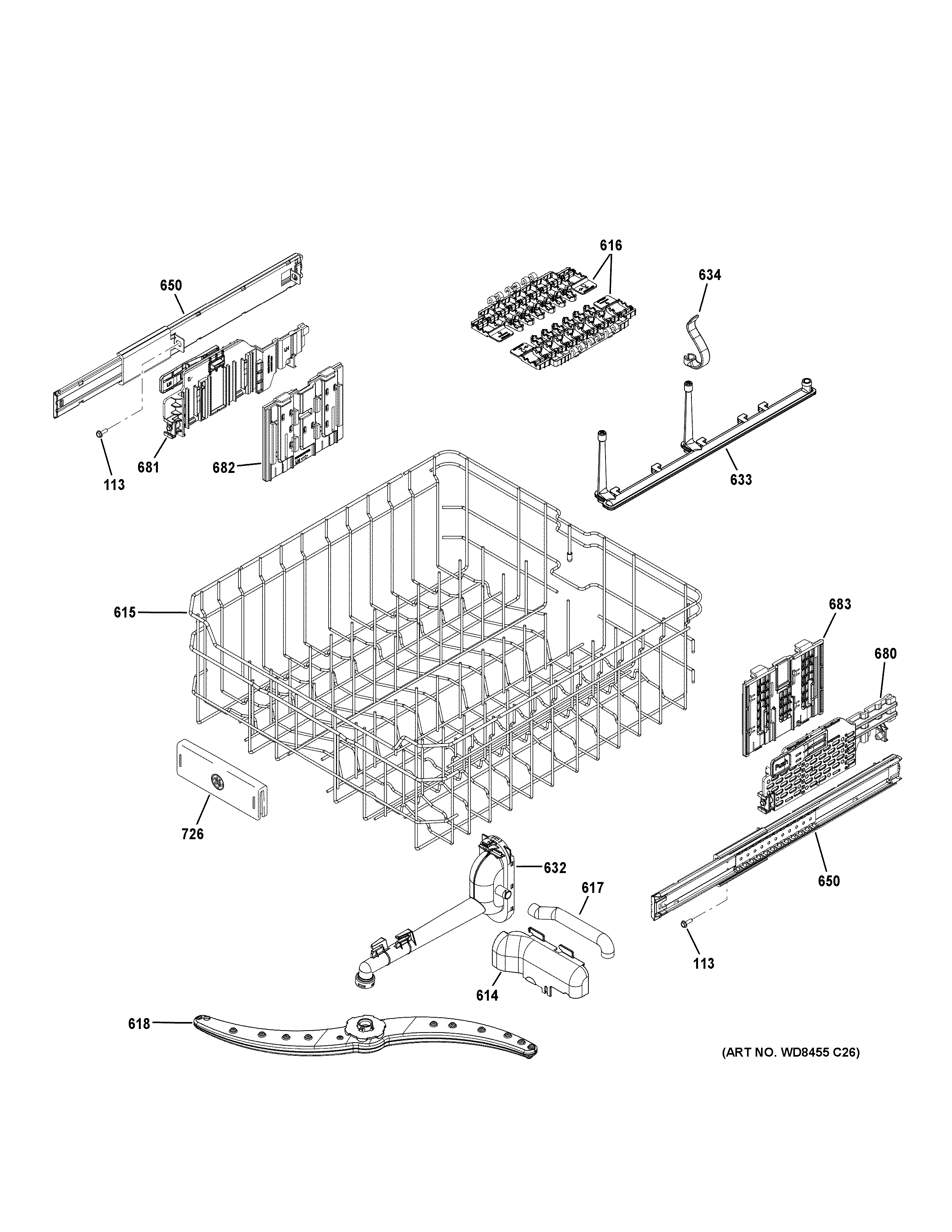 GE GDF650SMJ5ES upper rack assembly diagram