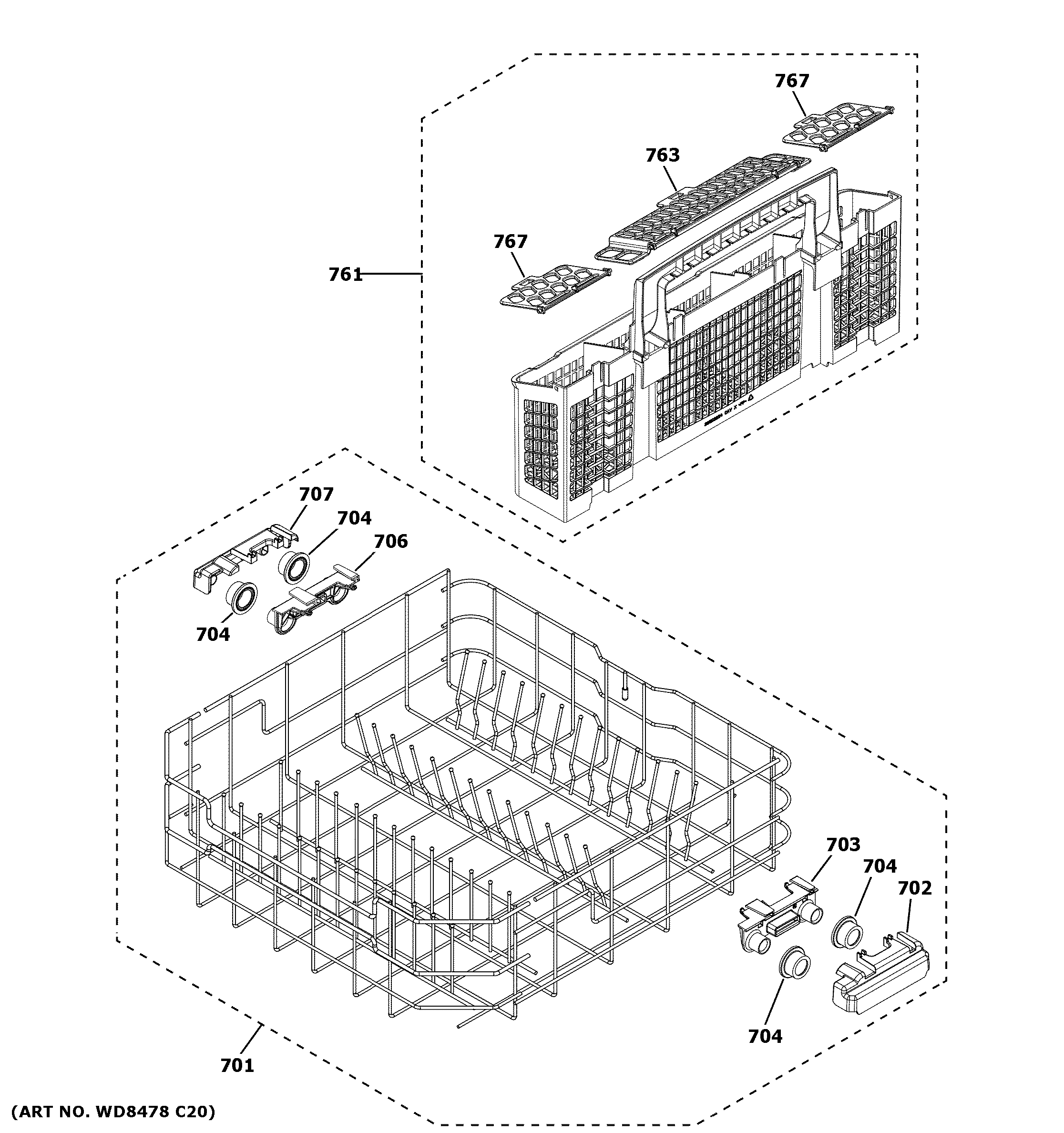 GE GDT645SGN0WW lower rack assembly diagram
