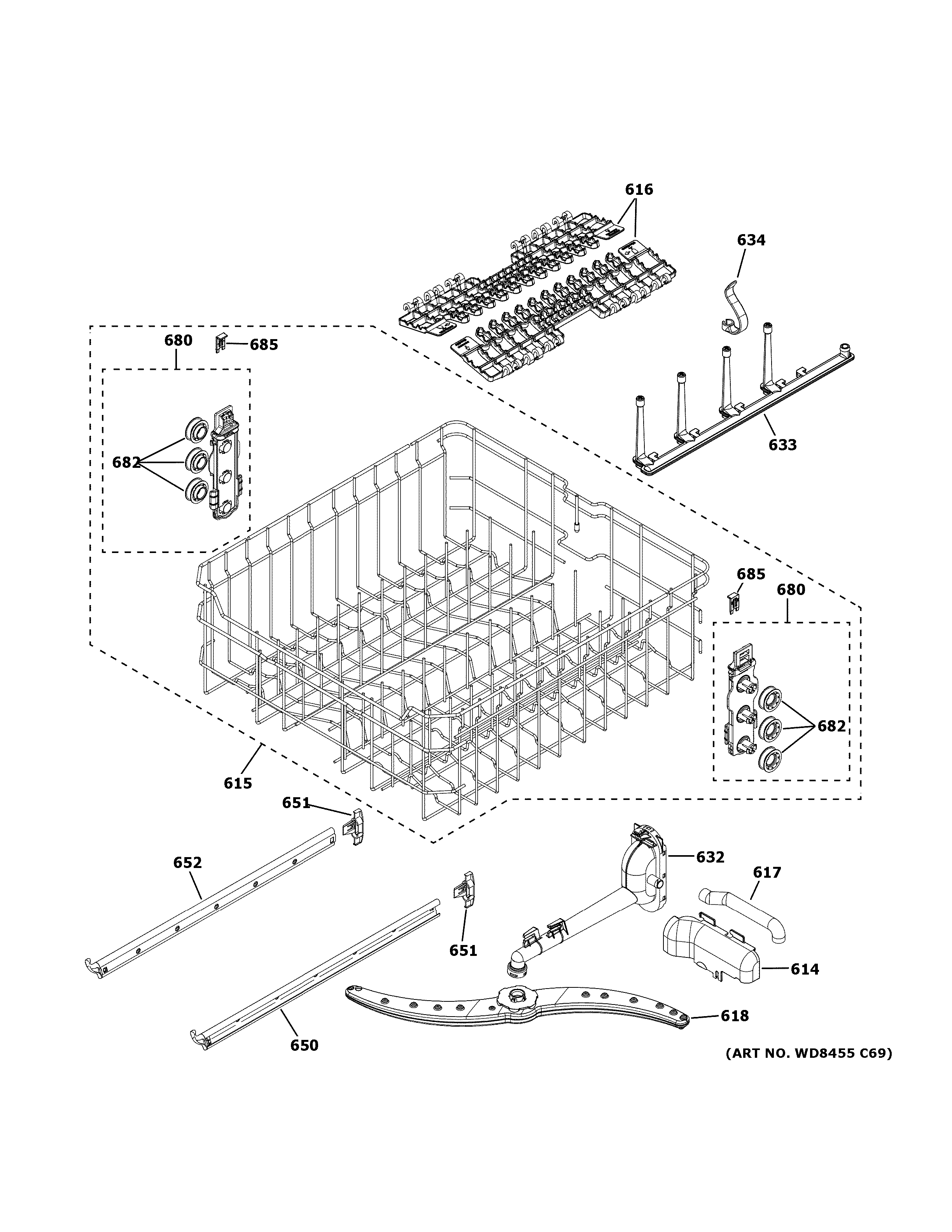 GE GDT645SSN0SS upper rack assembly diagram