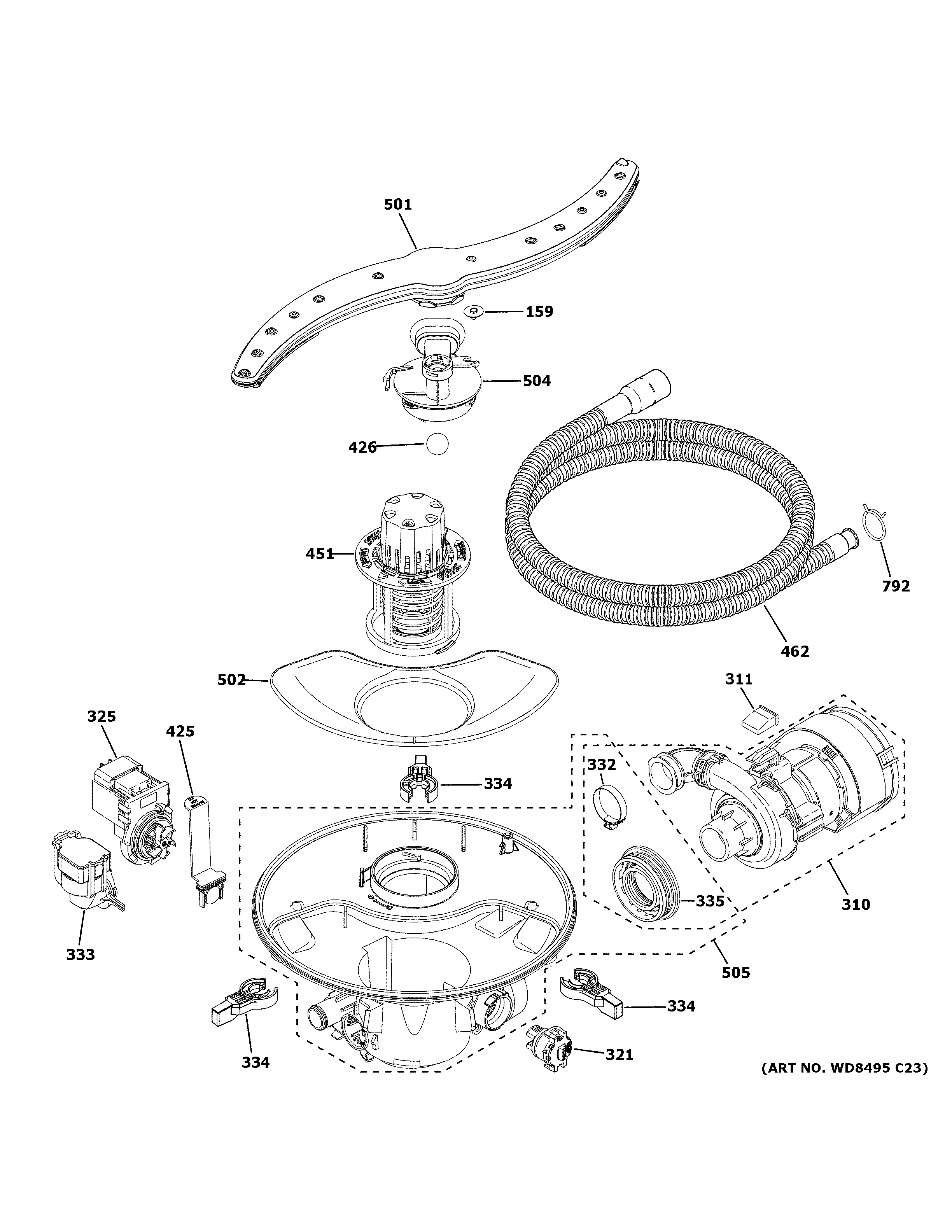 GE GDT645SGN2WW motor, sump & filter assembly diagram