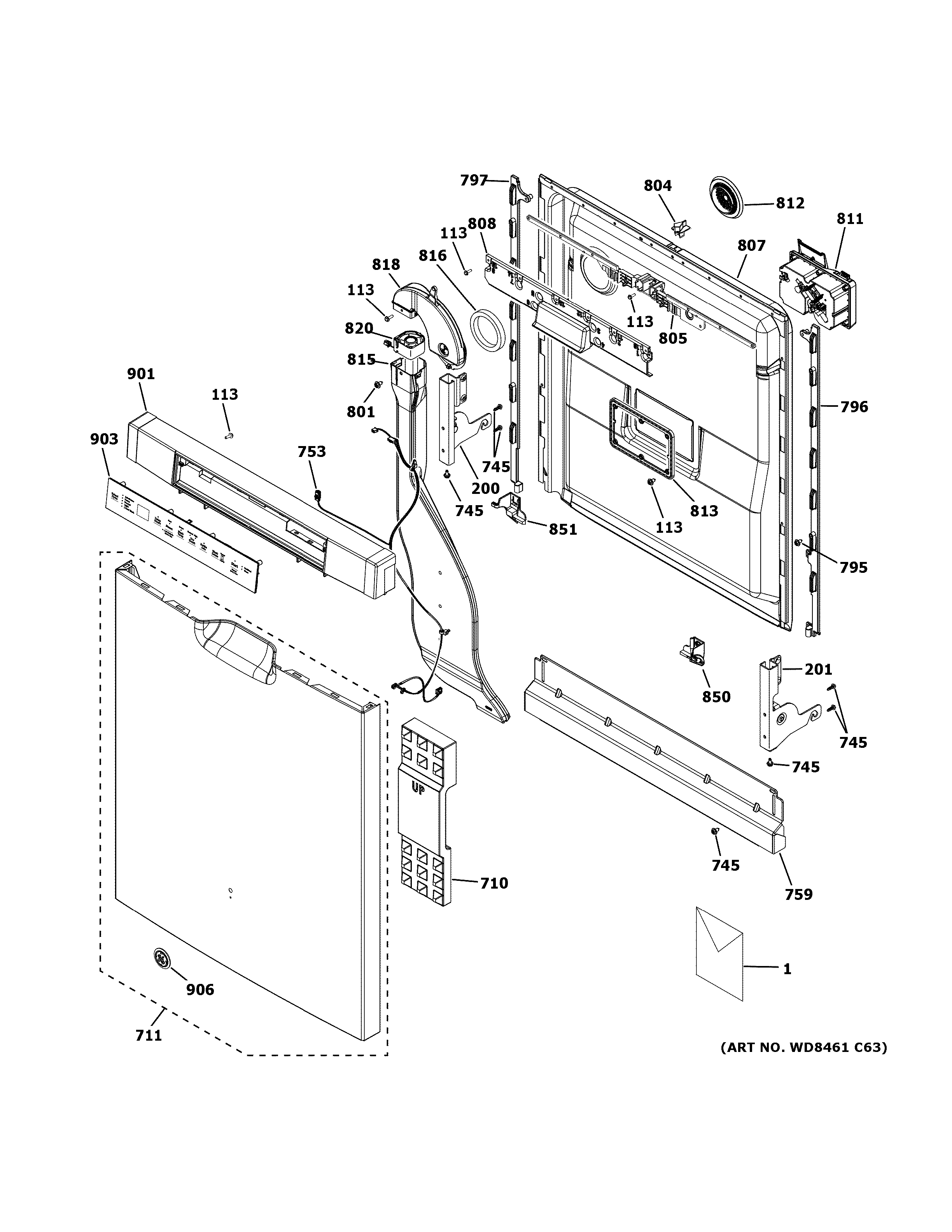 GE GDF645SMN2ES escutcheon & door assembly diagram