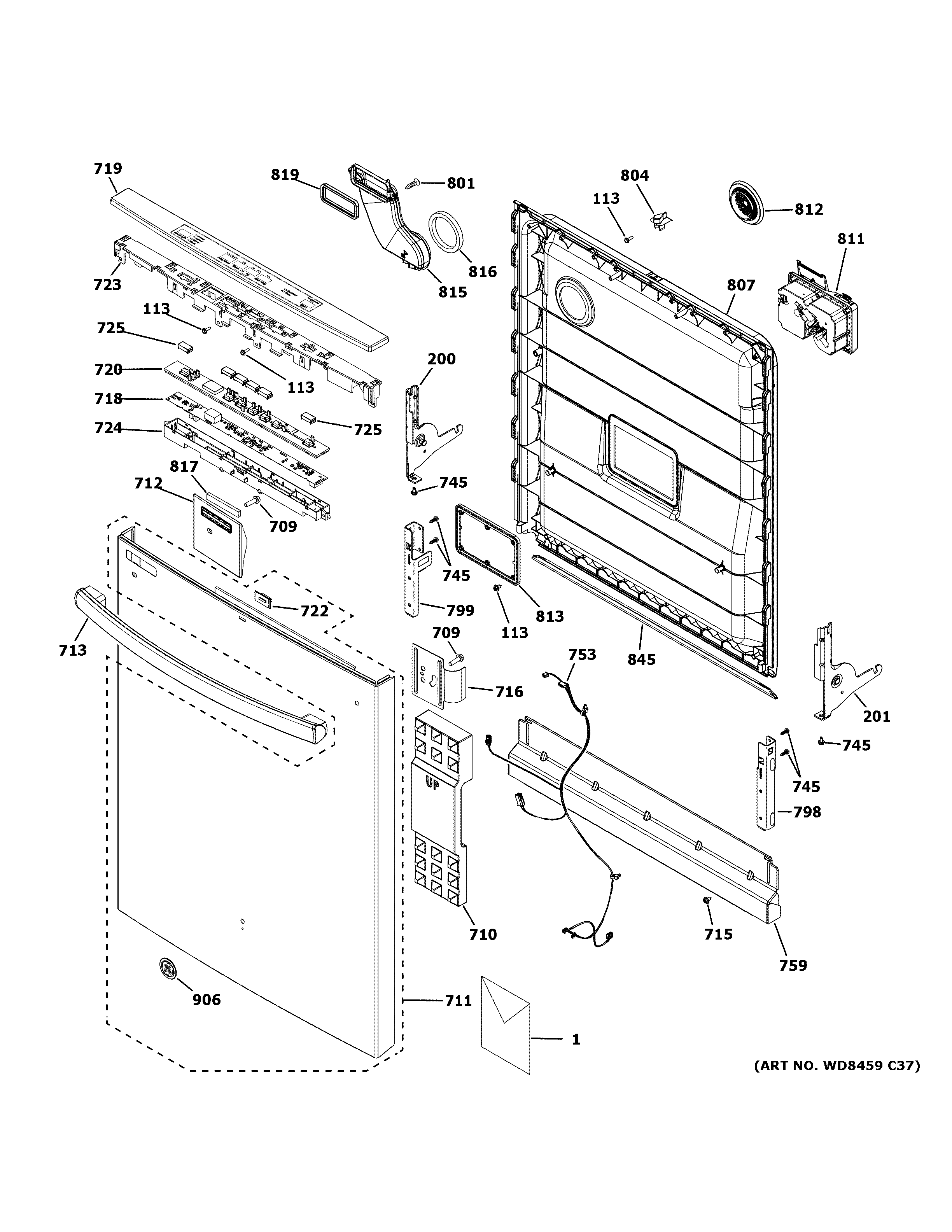GE GDT535PSM4SS escutcheon & door assembly diagram