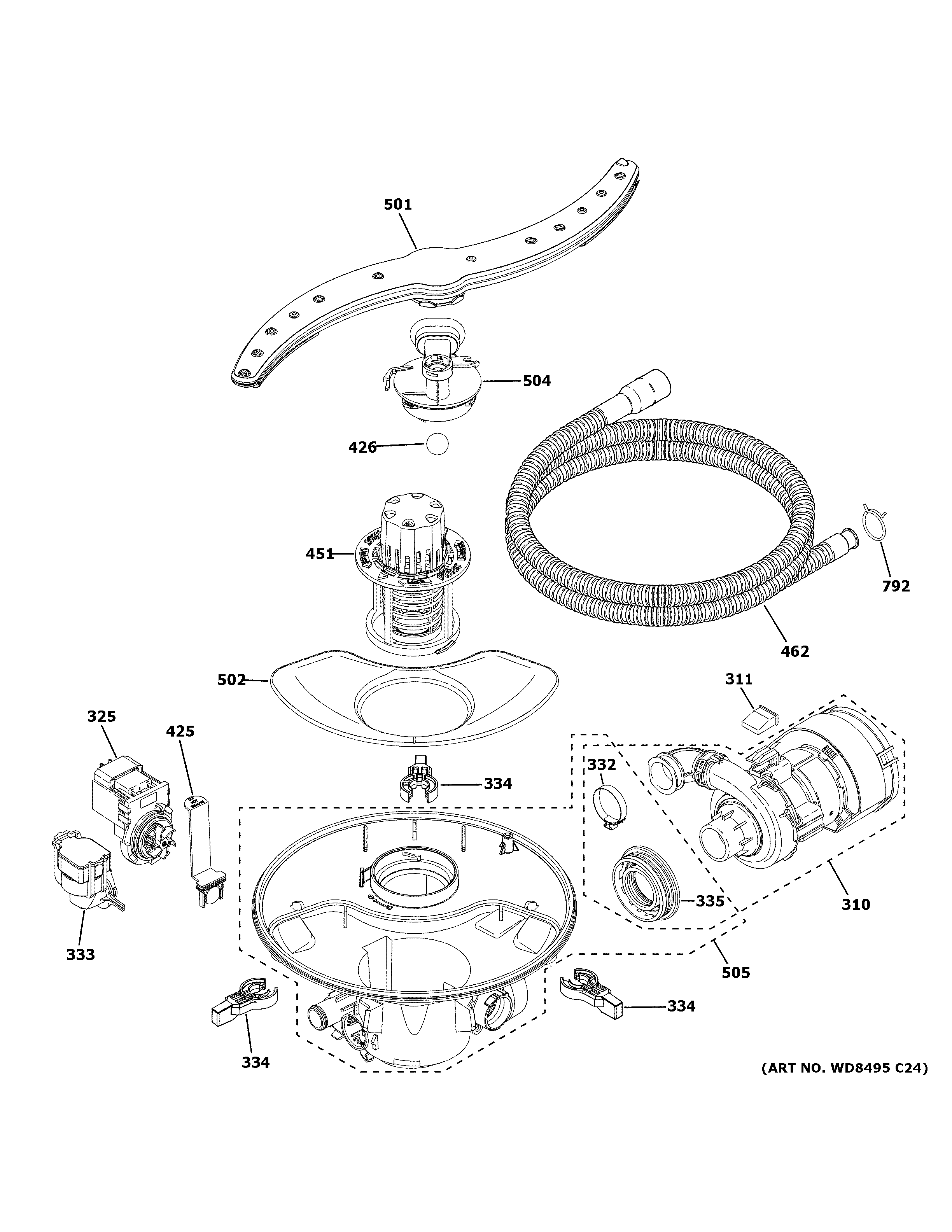 GE GDT535PSM4SS motor, sump & filter assembly diagram