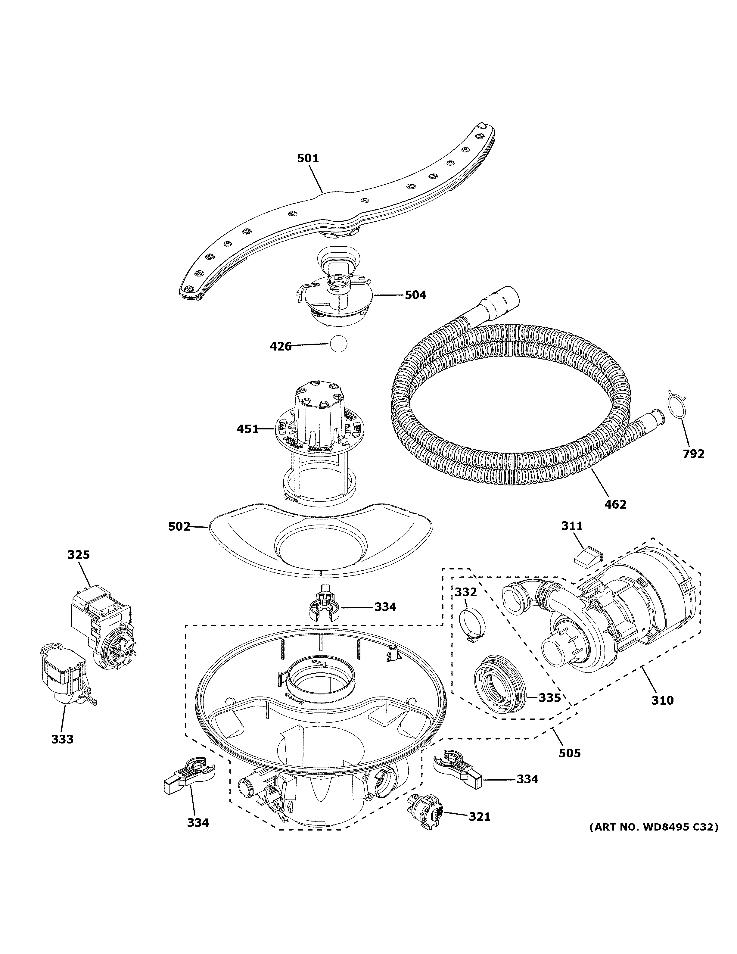 GE GDT645SSN3SS motor, sump & filter assembly diagram