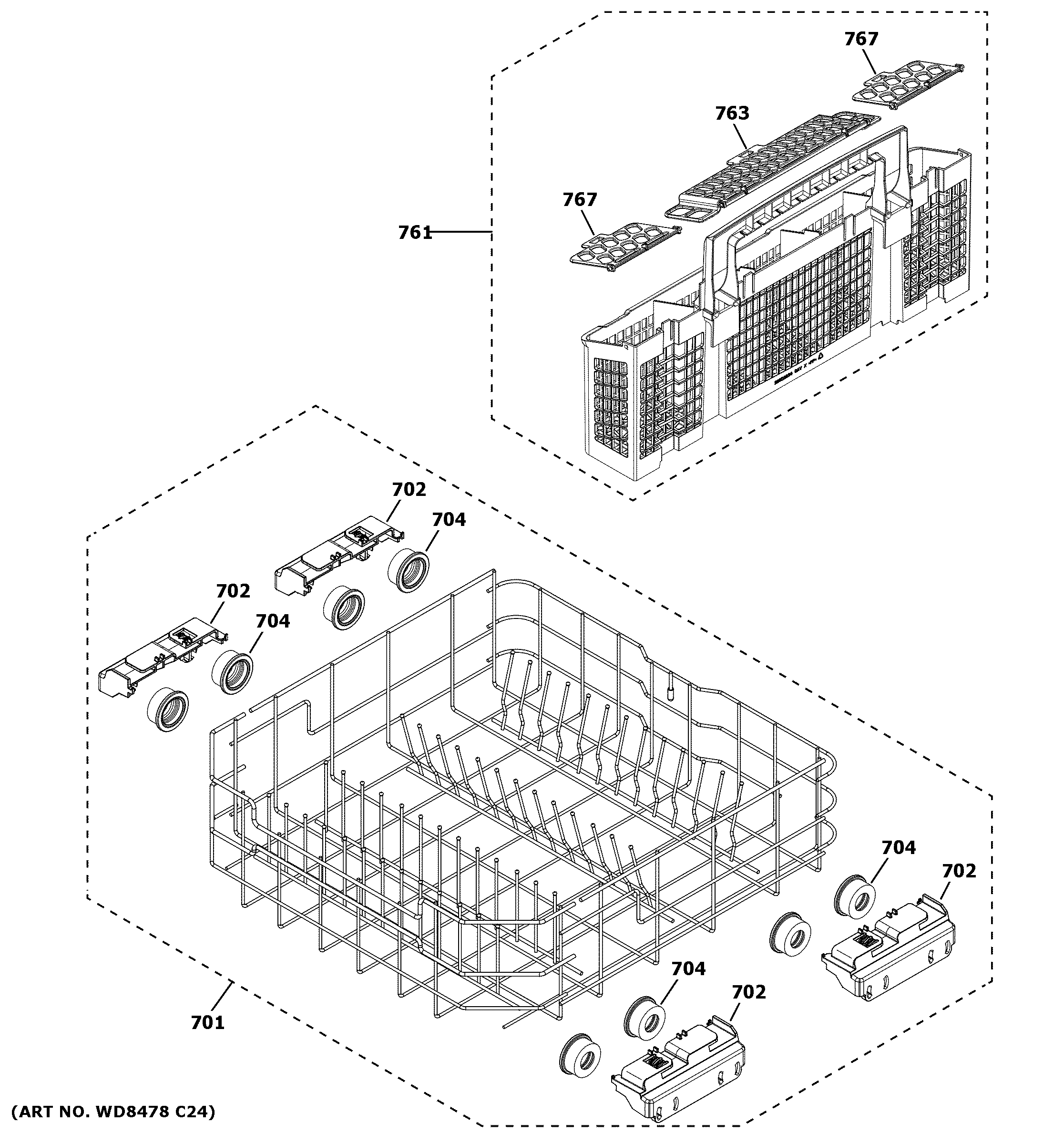 GE GDT645SGN3WW lower rack assembly diagram