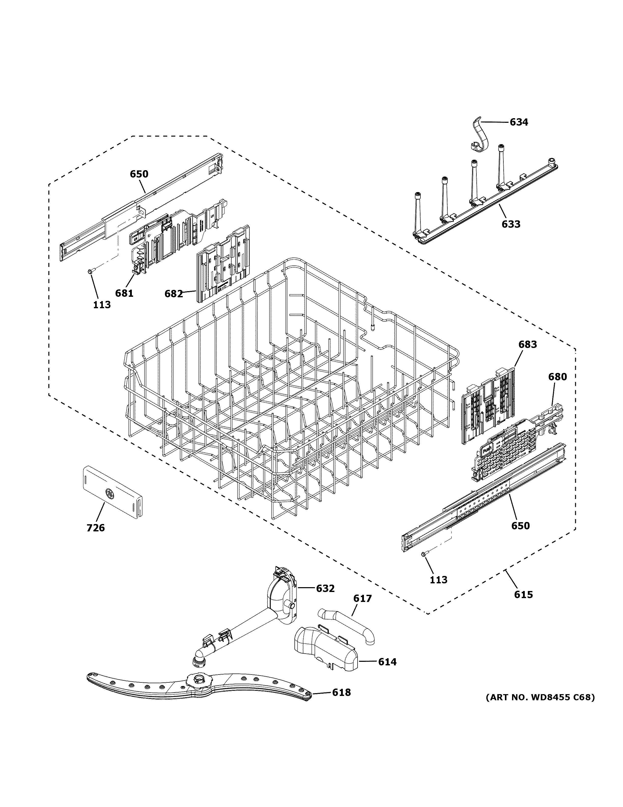 GE PDT715SYN3FS upper rack assembly diagram