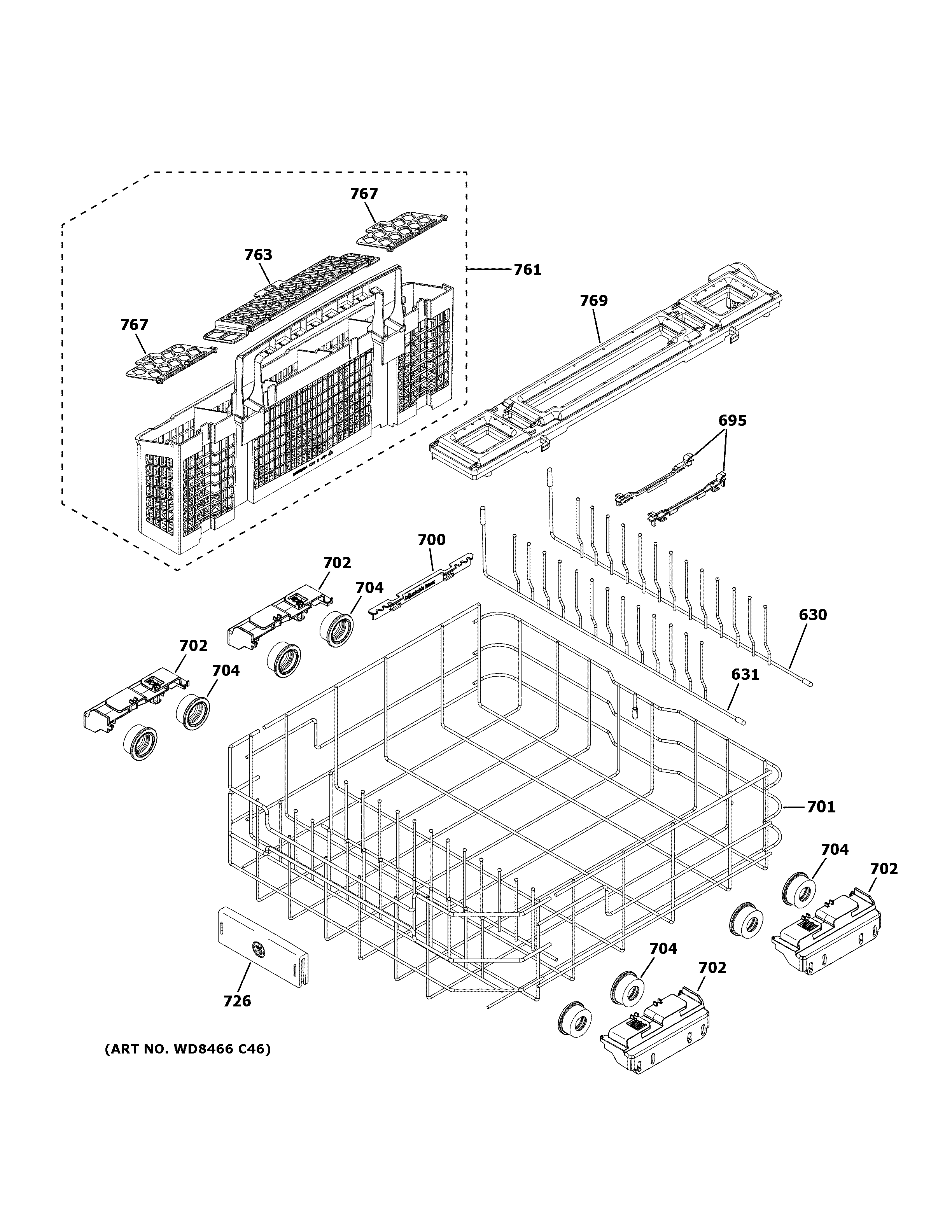 GE PDT715SYN3FS lower rack assembly diagram