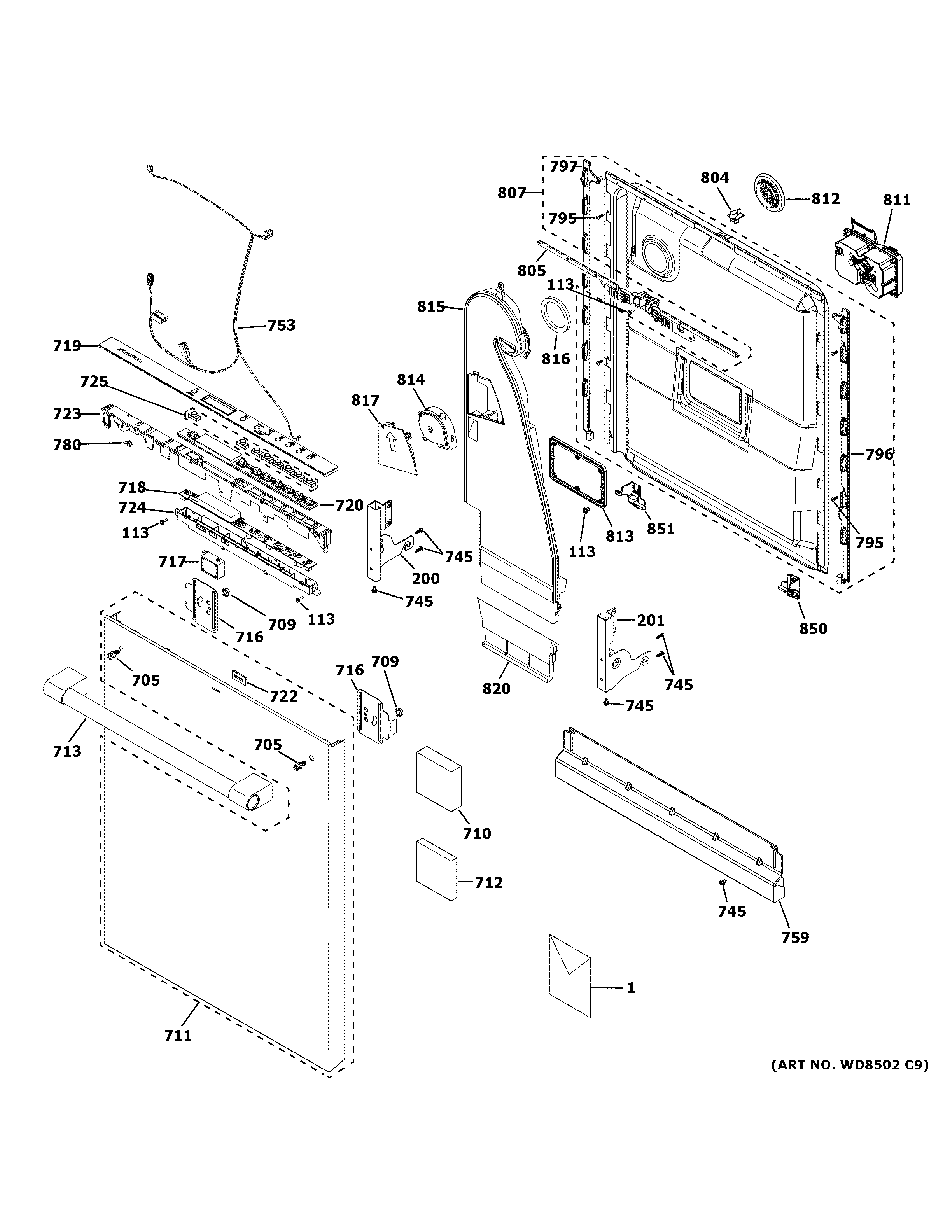 GE ZDT925SPN3SS escutcheon & door assembly diagram