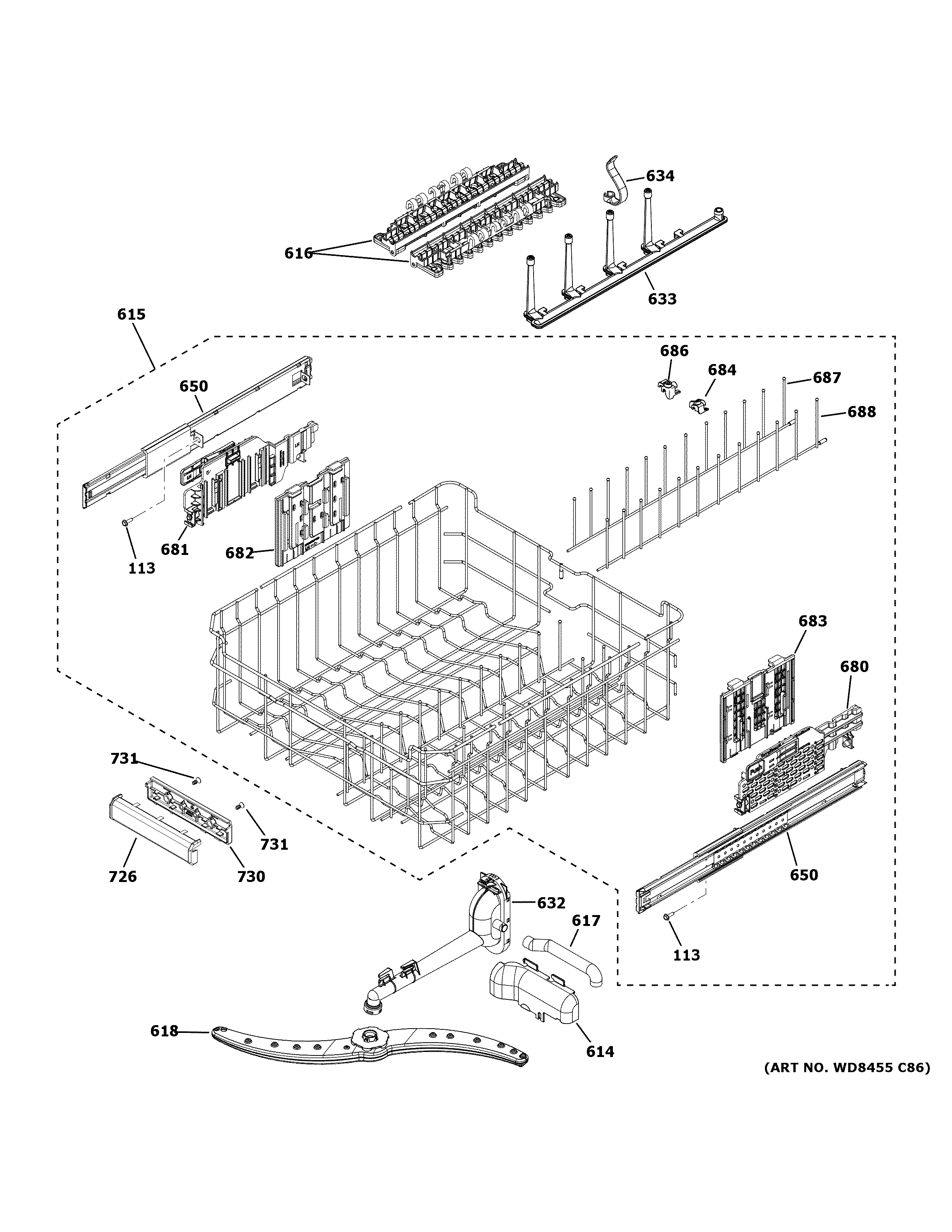 GE ZDT925SPN3SS upper rack assembly diagram