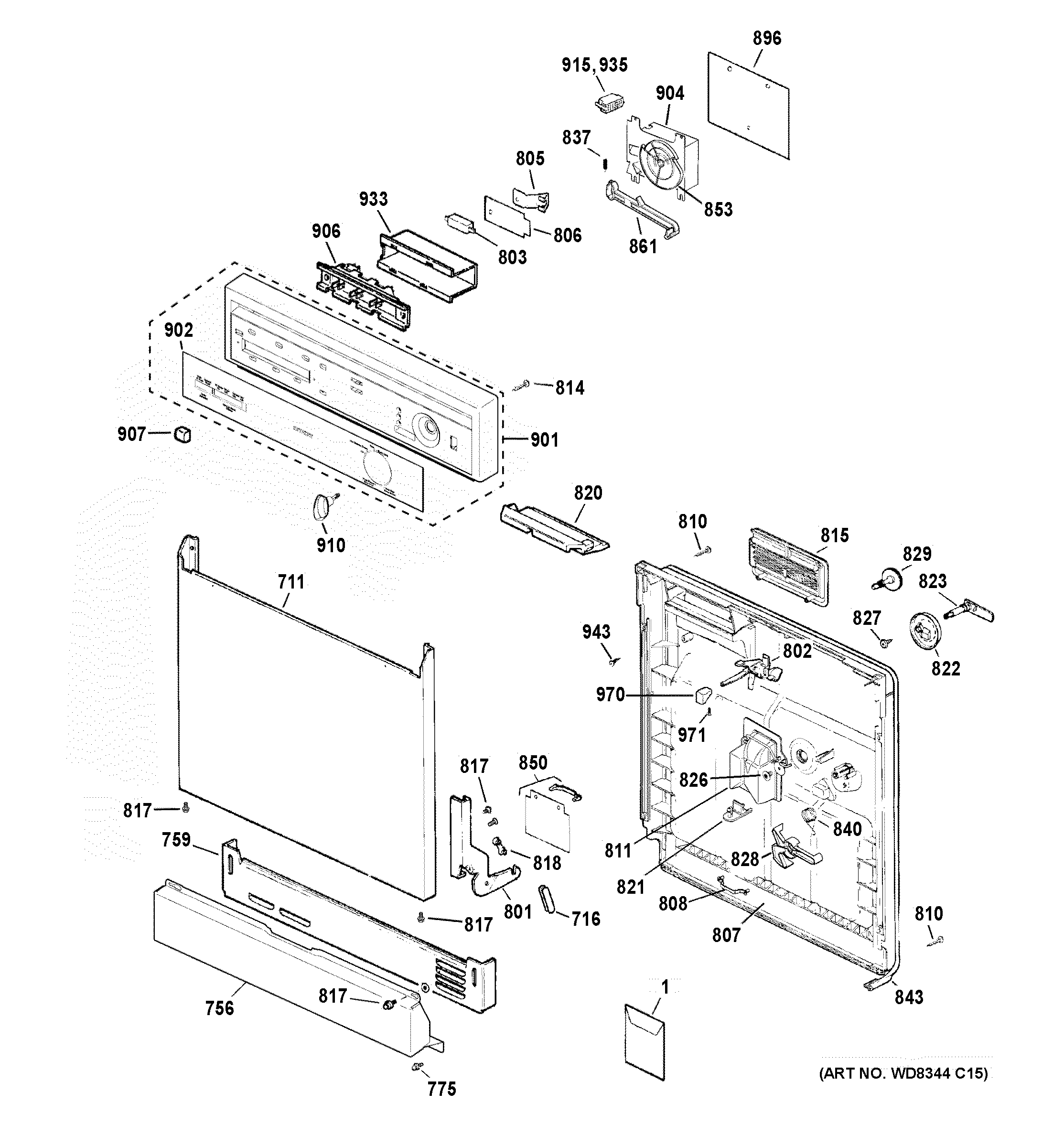 Hotpoint HDA3600K65WW escutcheon & door assembly diagram