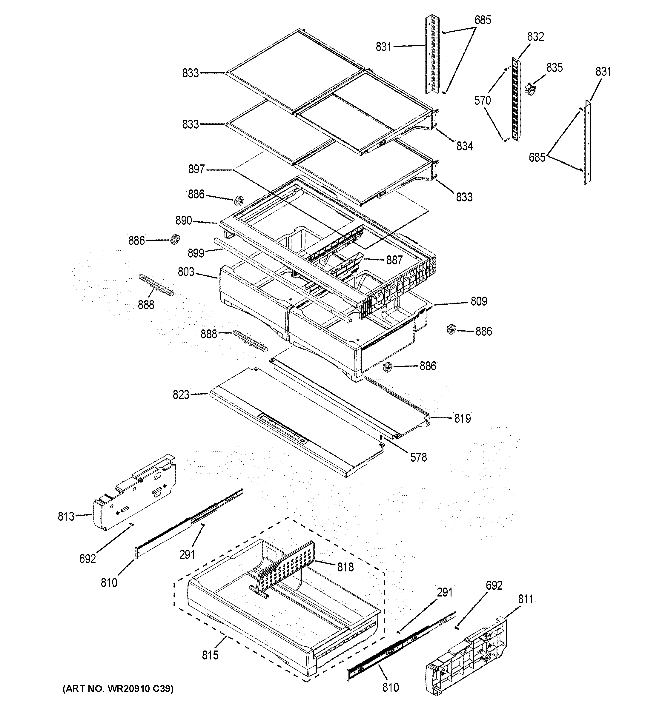 GE DFE28JSKDSS fresh food shelves diagram