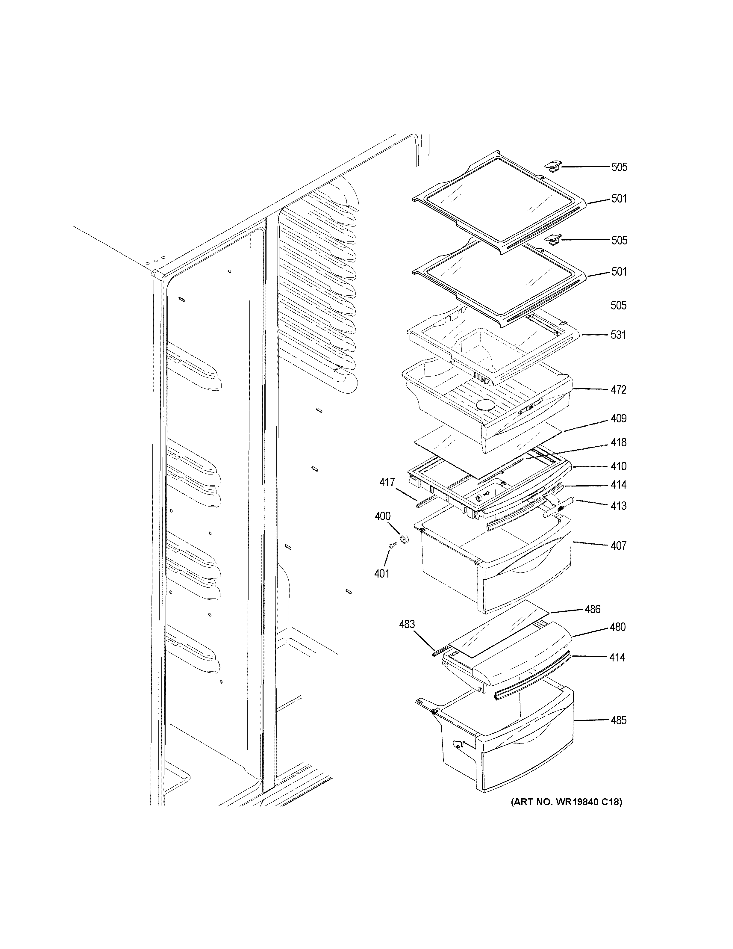 GE GSS23GGKJCBB fresh food shelves diagram