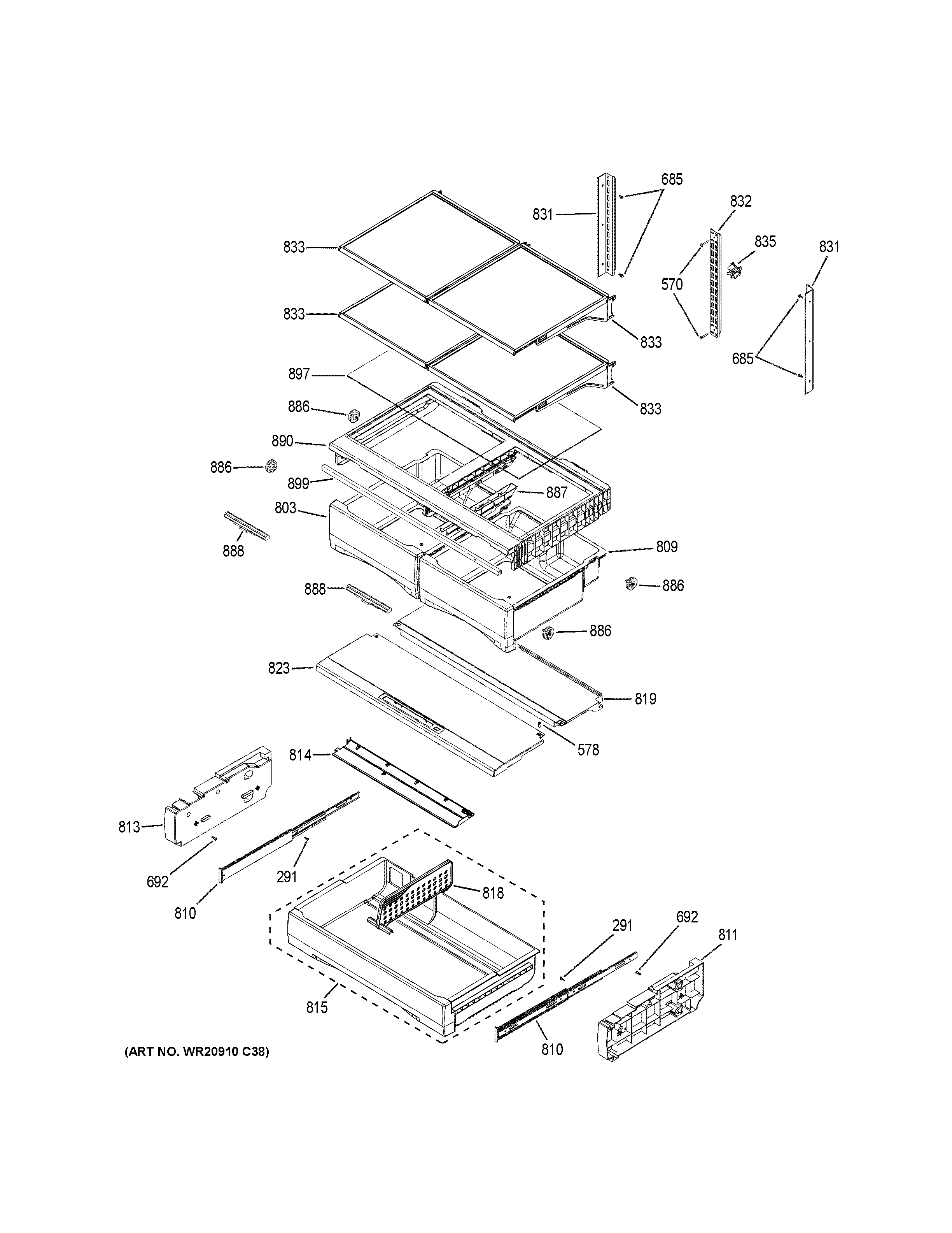 GE GFE28GSKDSS fresh food shelves diagram