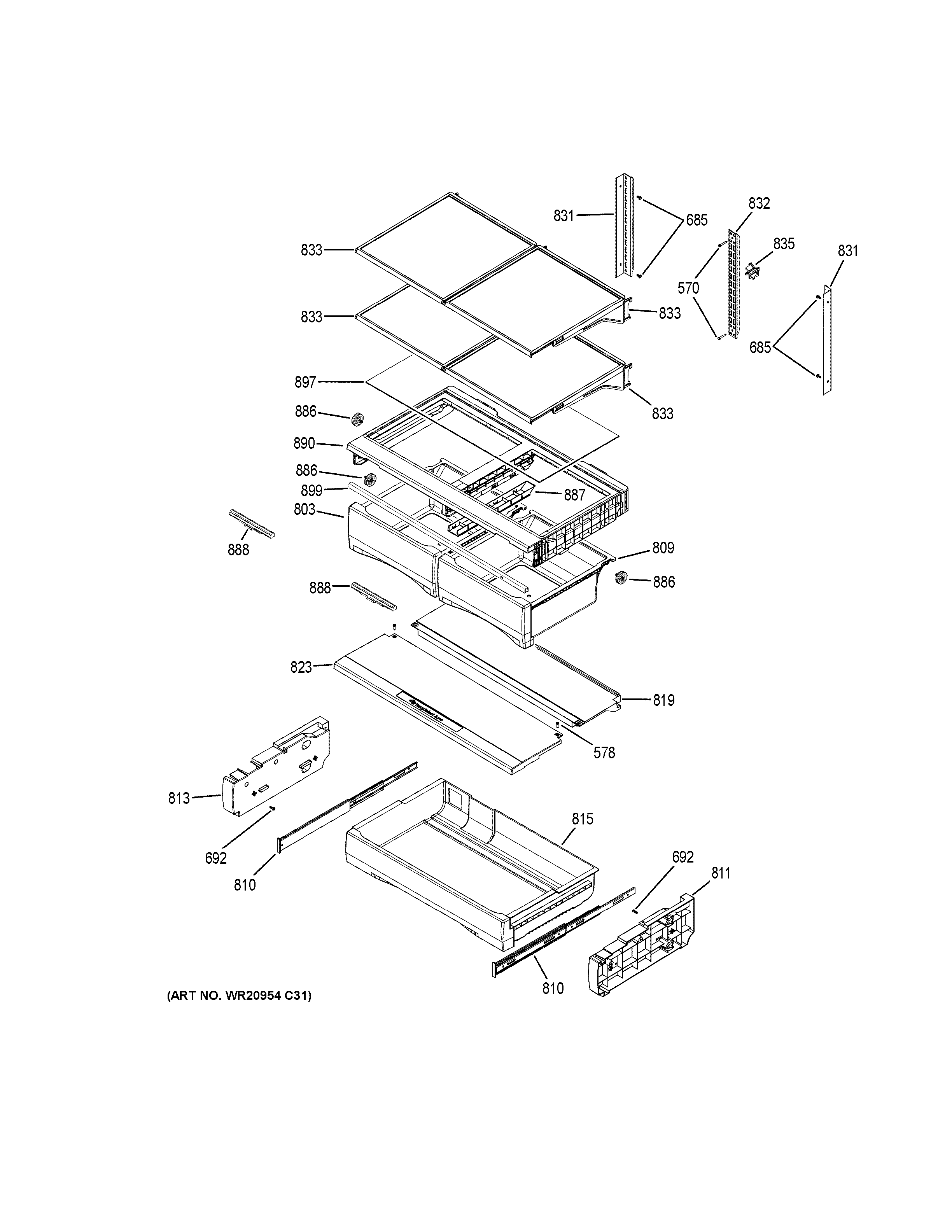 GE GNE29GSKCSS fresh food shelves diagram
