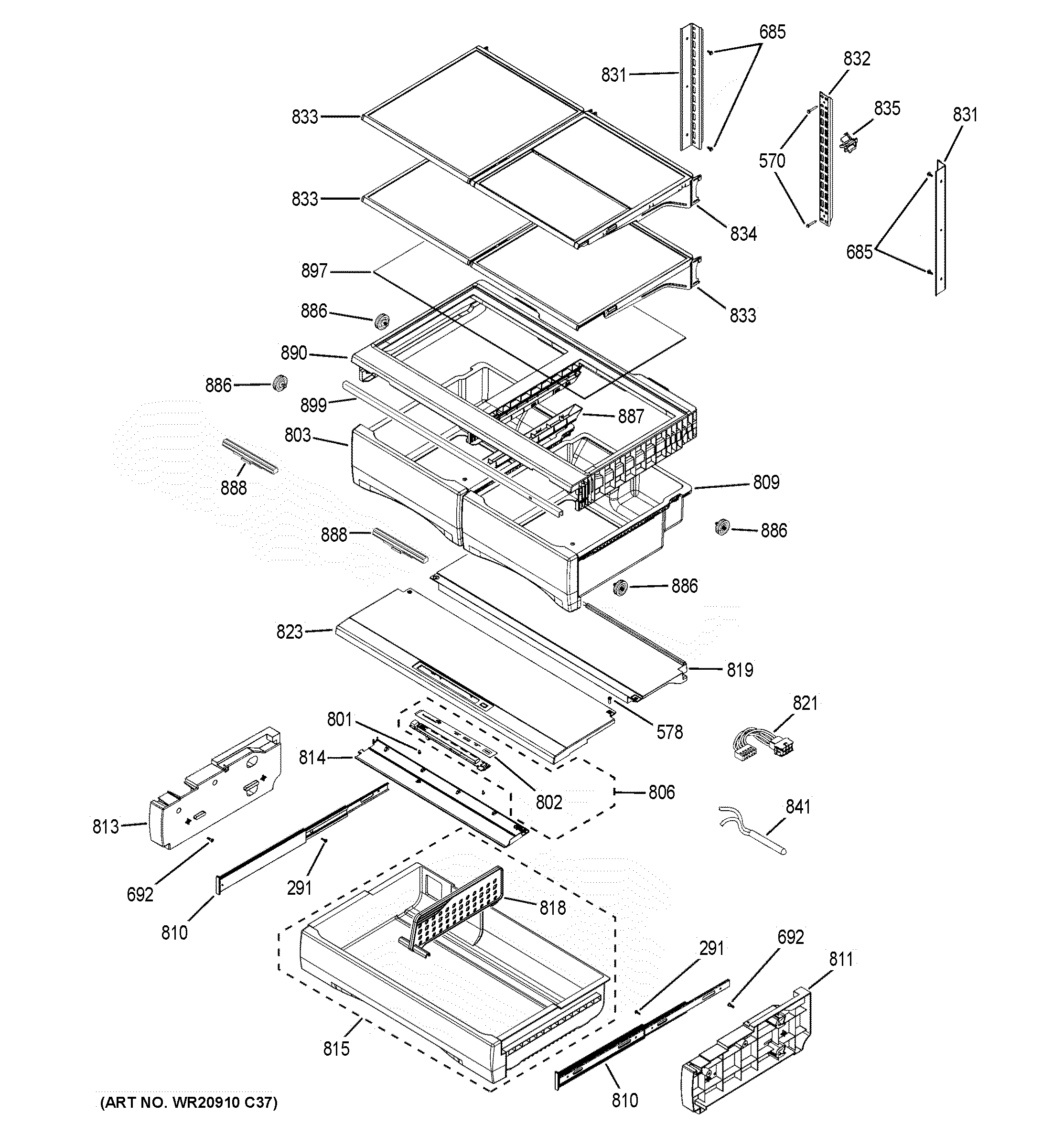 GE PFE28KMKCES fresh food shelves diagram