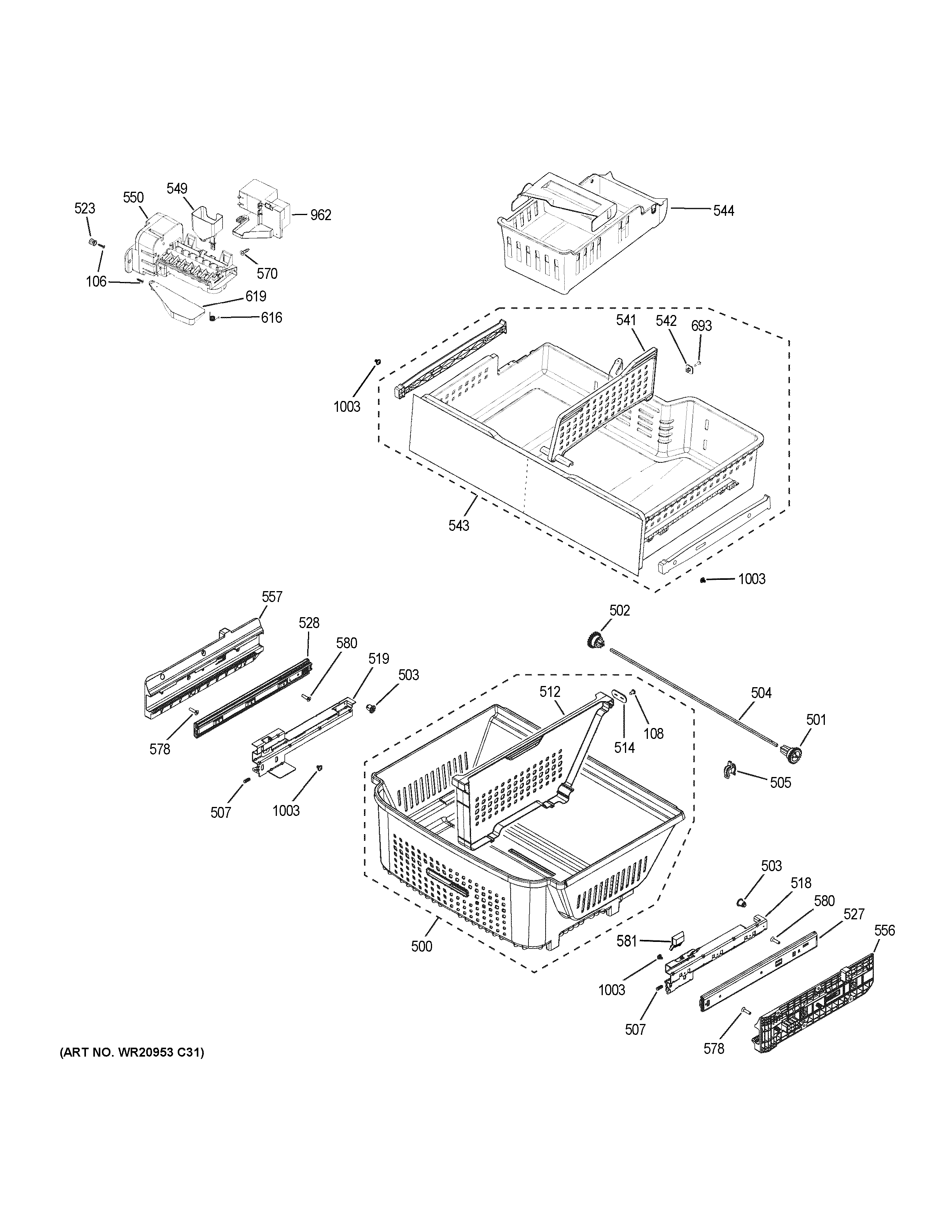 GE GNE29GGKCWW freezer shelves diagram