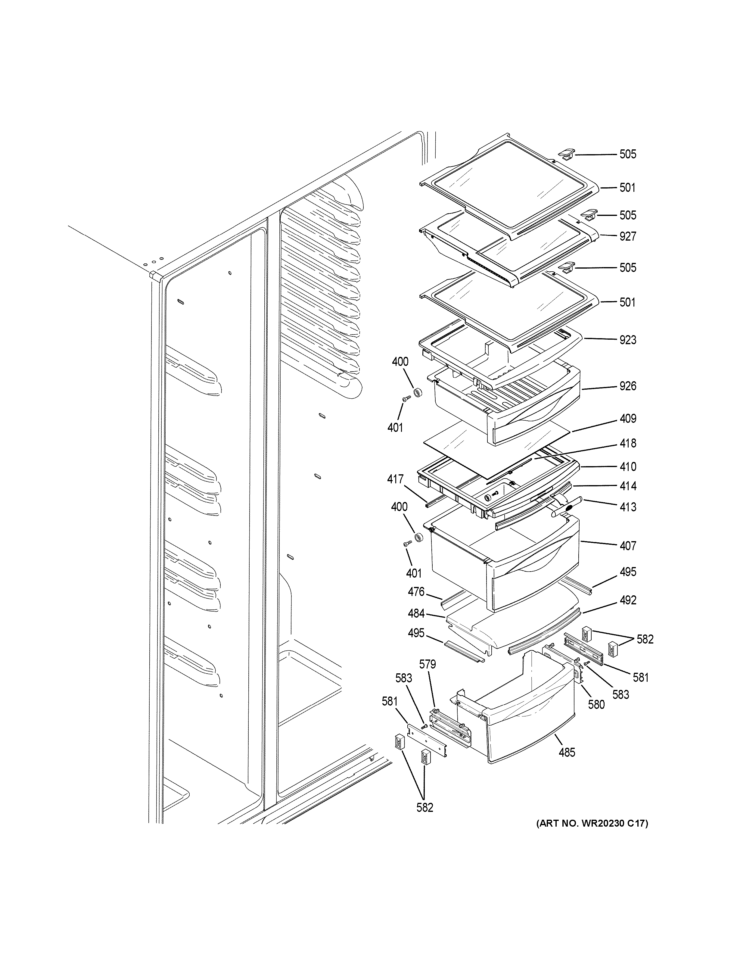 GE PZS22MYKBHFS fresh food shelves diagram
