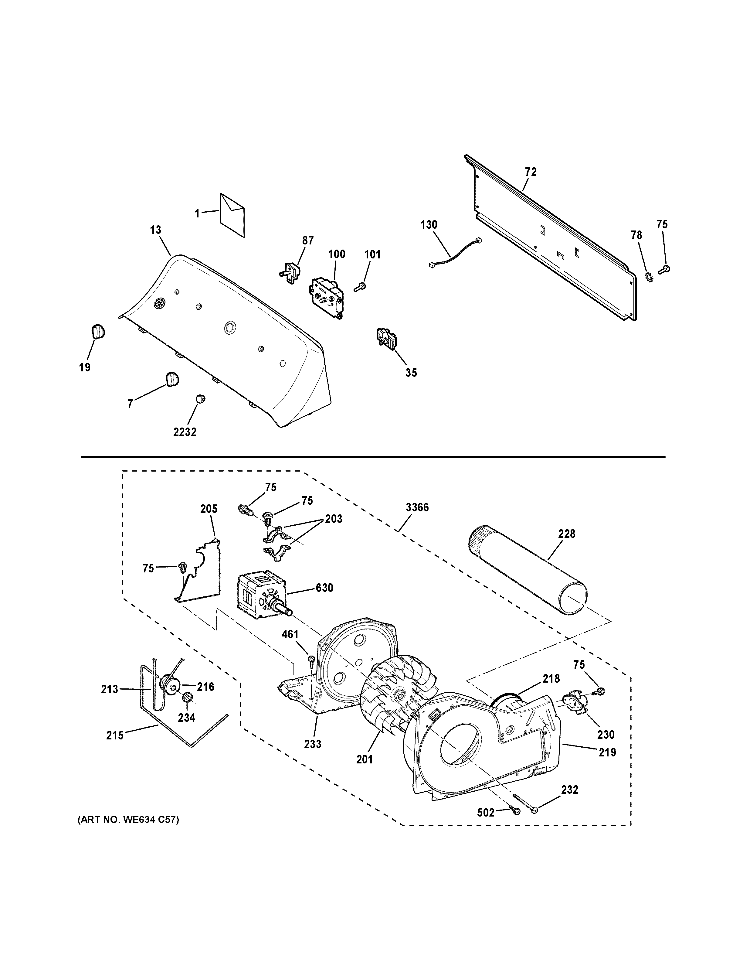 Hotpoint HTX21EASK0WW backsplash, blower & motor assembly diagram