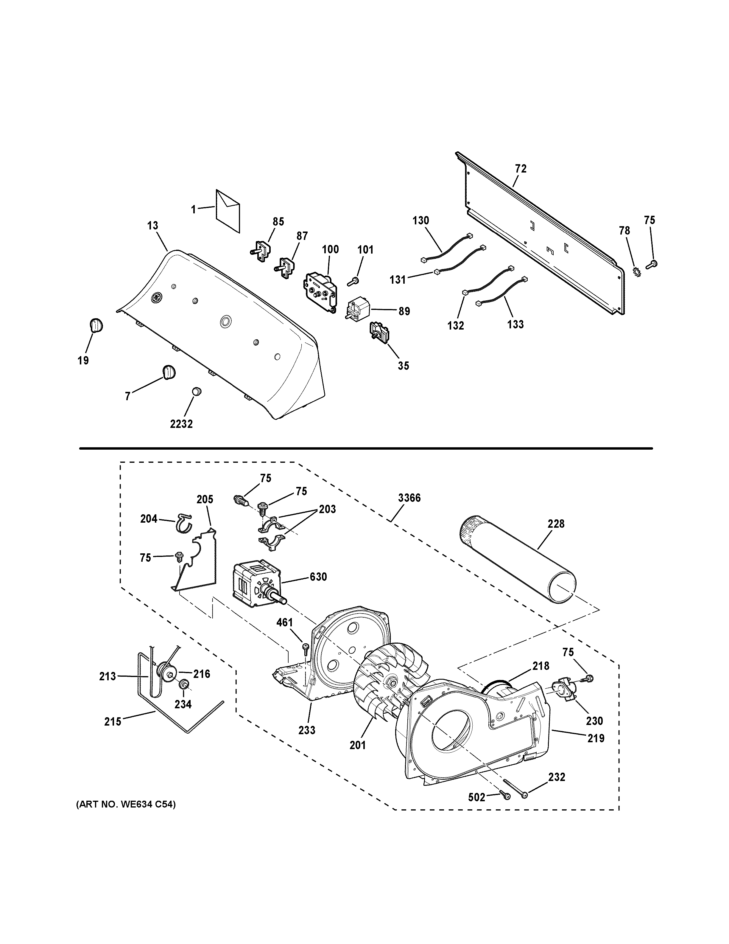 GE GTD42EASJ2WW backsplash, blower & motor assembly diagram