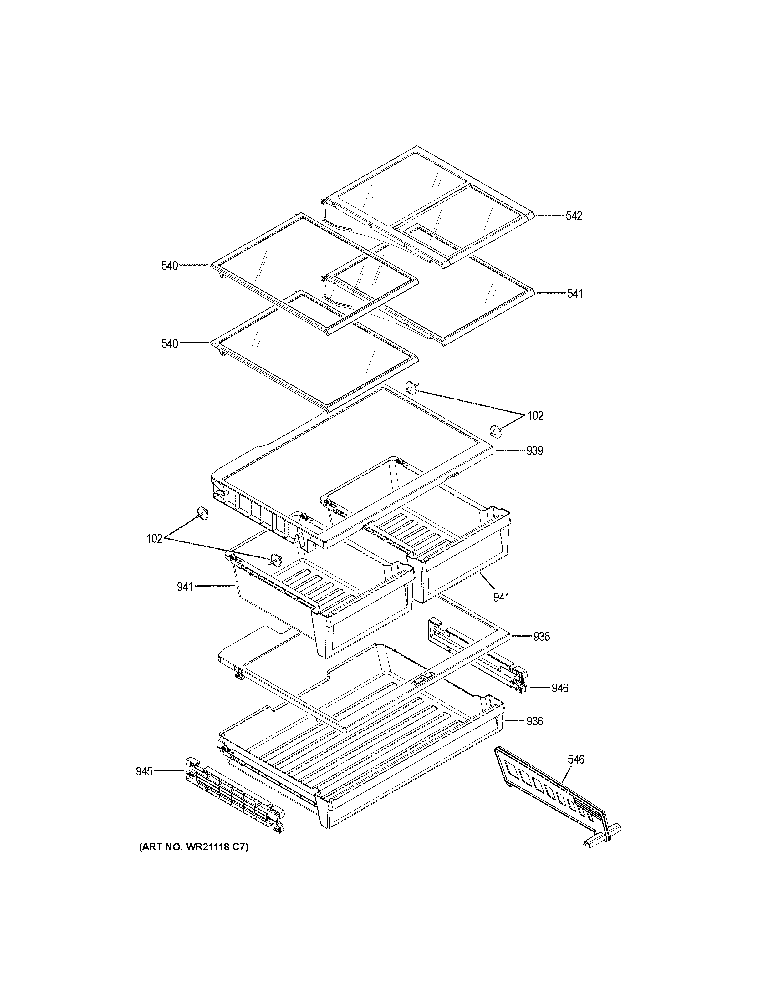 GE GFE24JGKAFBB fresh food shelves diagram