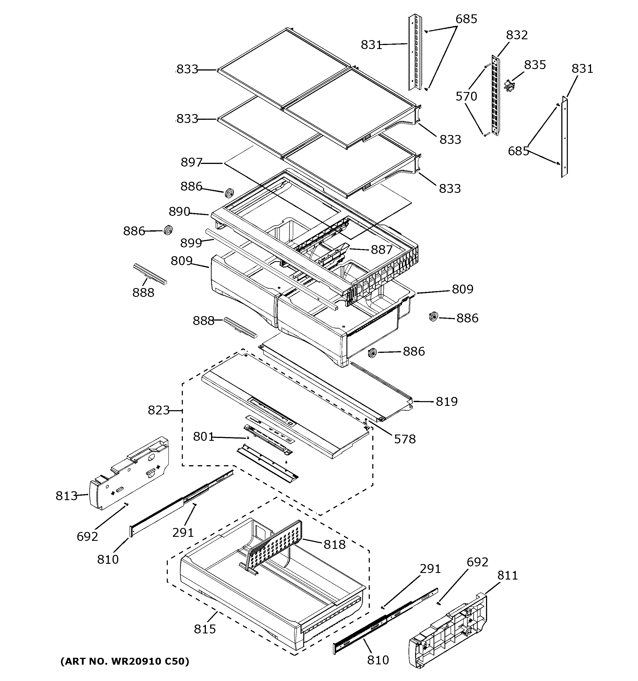 GE GYE22GMNFES fresh food shelves diagram