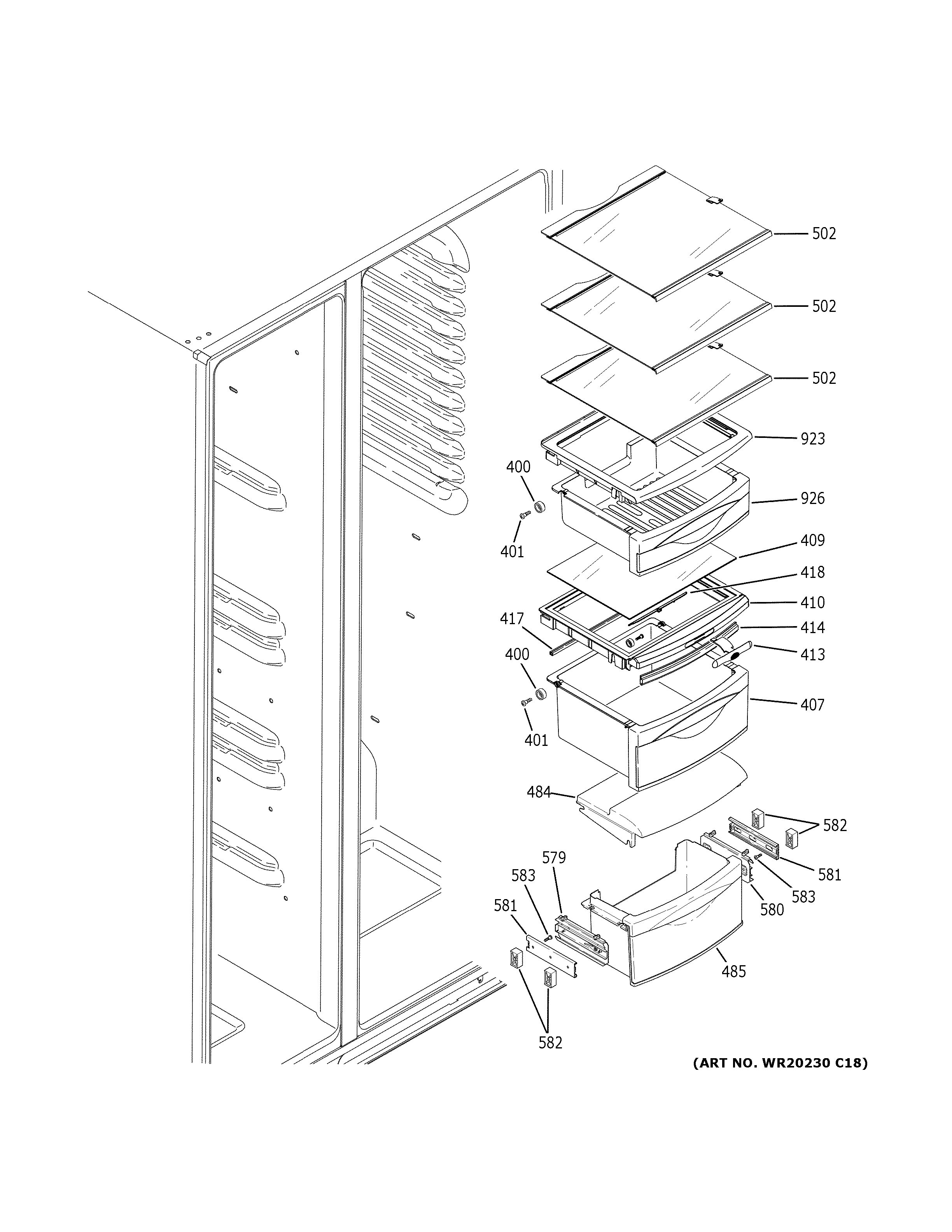 GE GZS22IYNRHFS fresh food shelves diagram