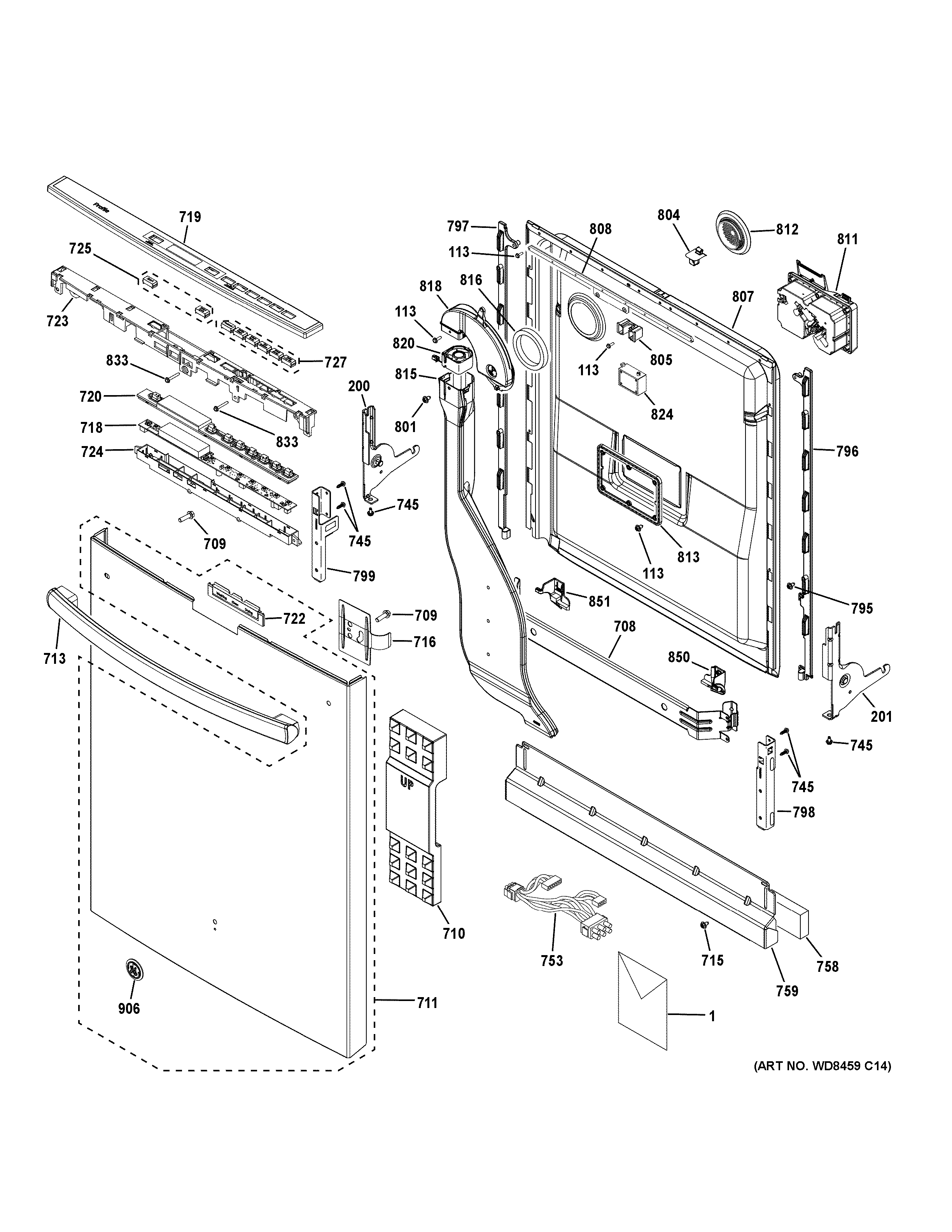 GE PDT750SSF4SS escutcheon & door assembly diagram