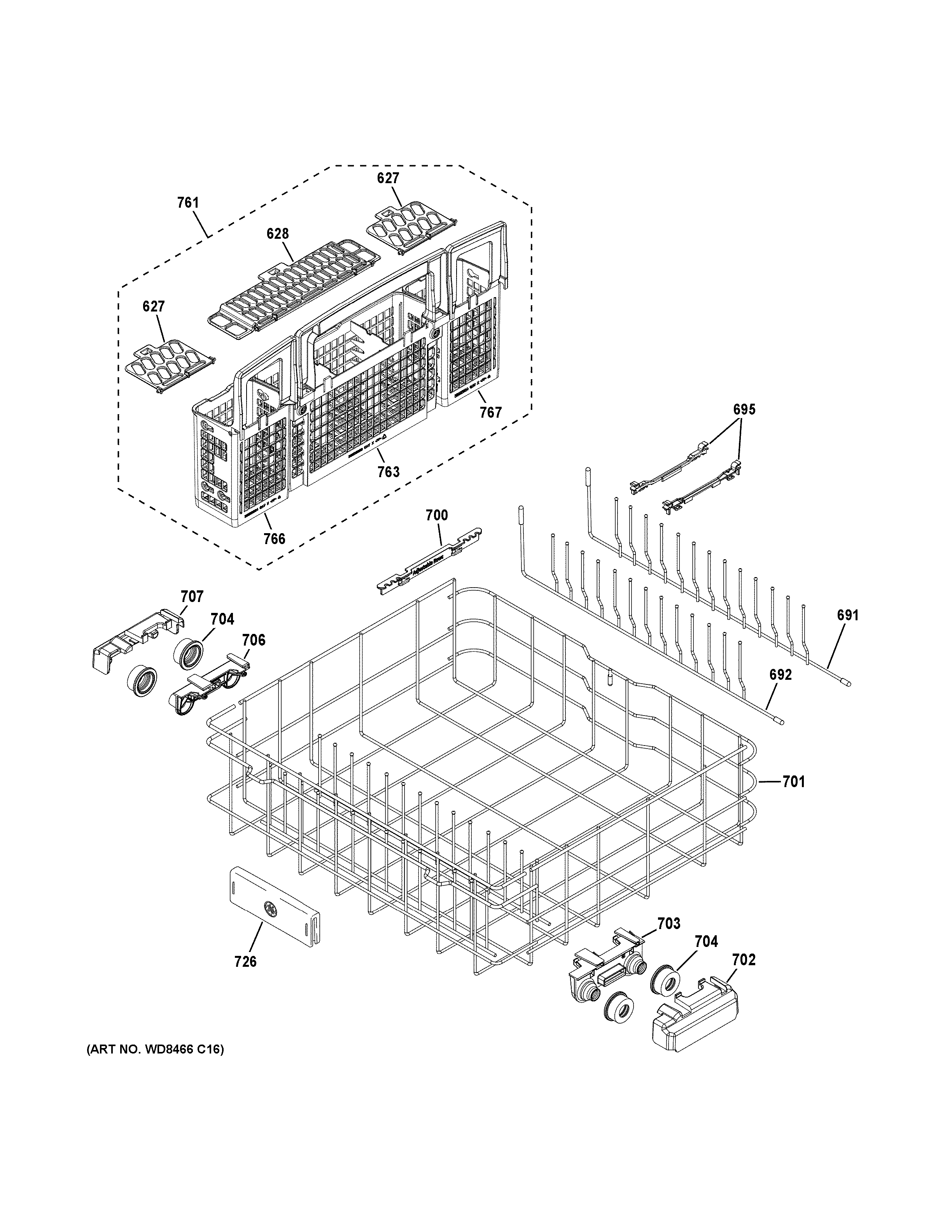 GE PDT750SSF4SS lower rack assembly diagram
