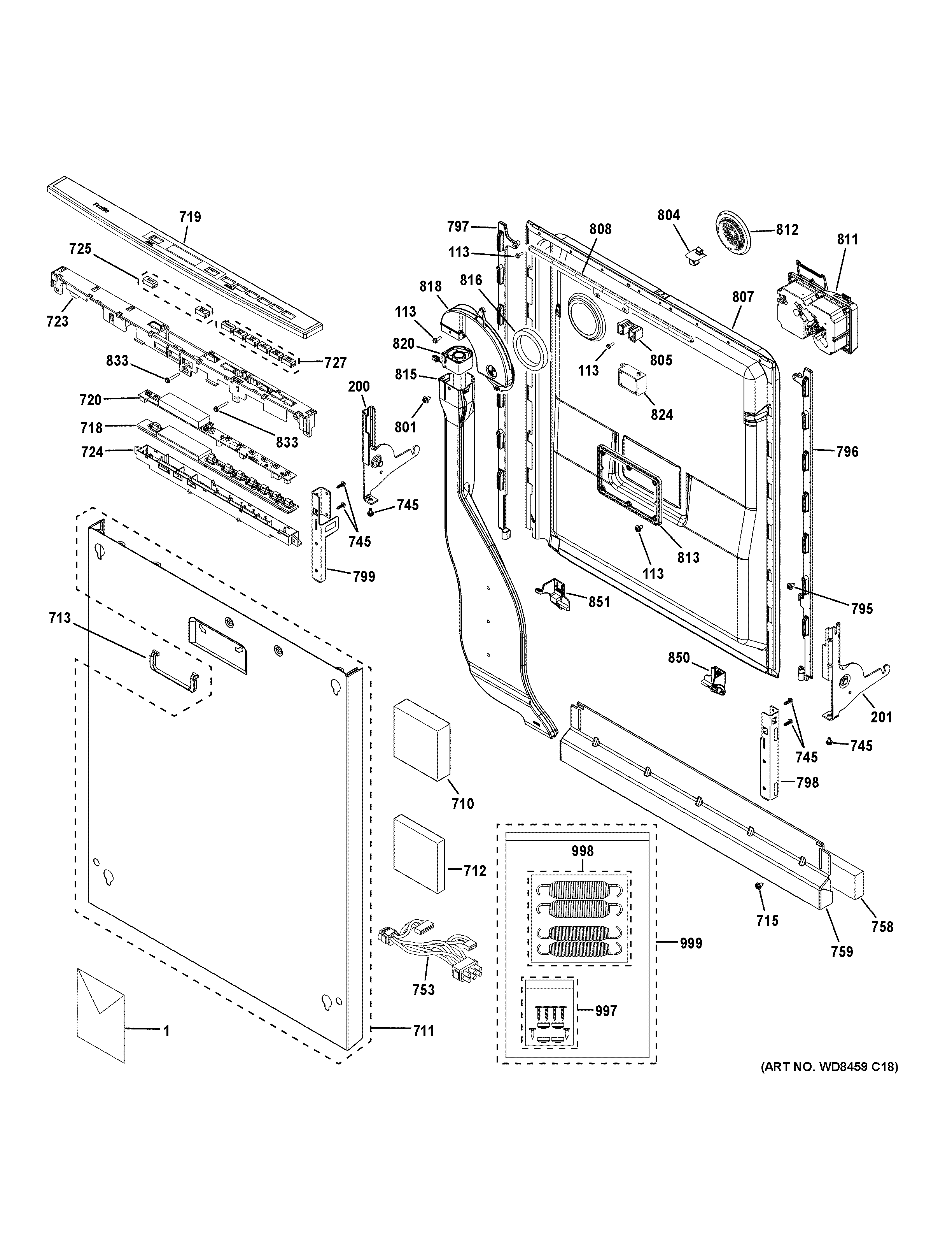 GE PDT760SIF1II escutcheon & door assembly diagram