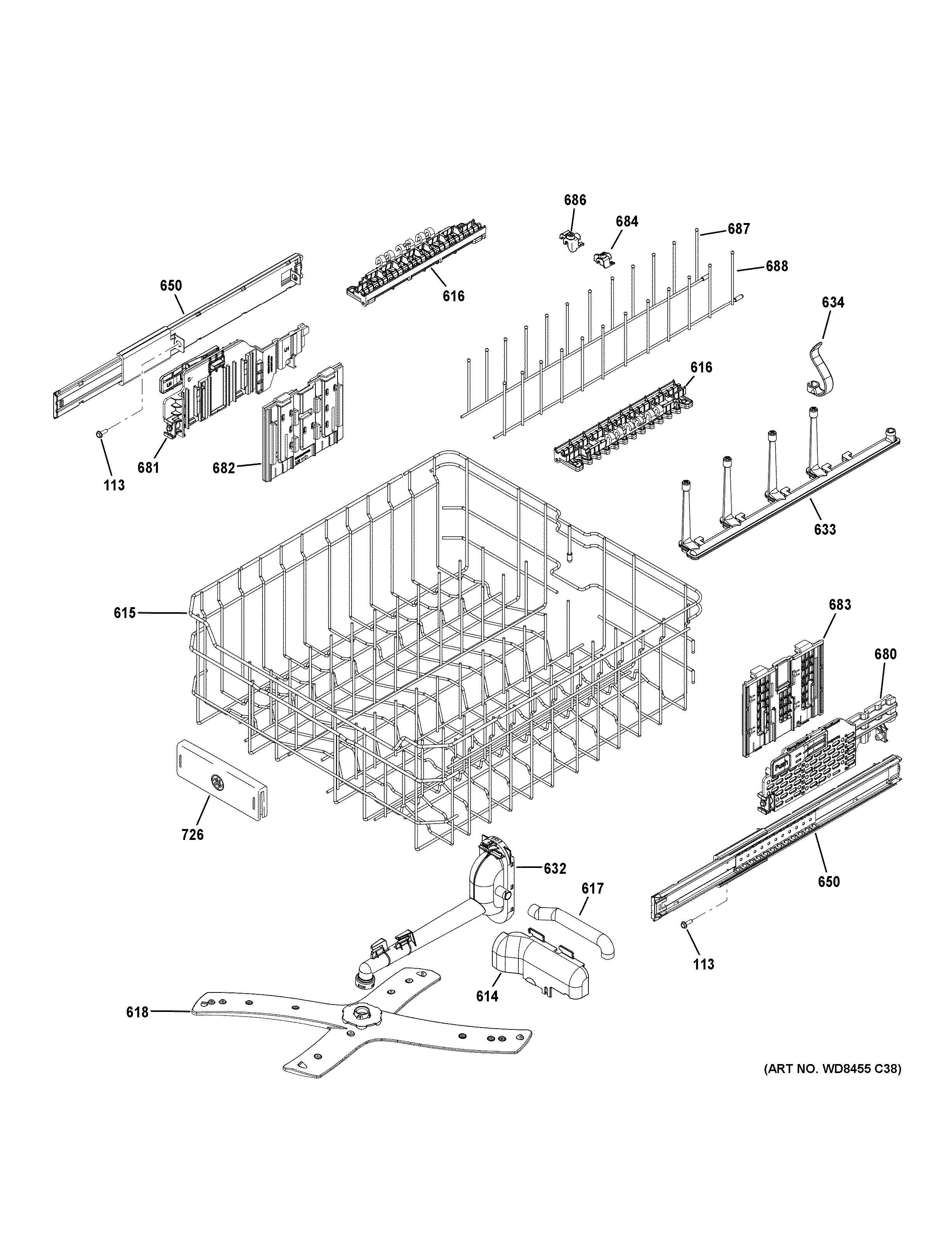 GE PDT760SIF1II upper rack assembly diagram