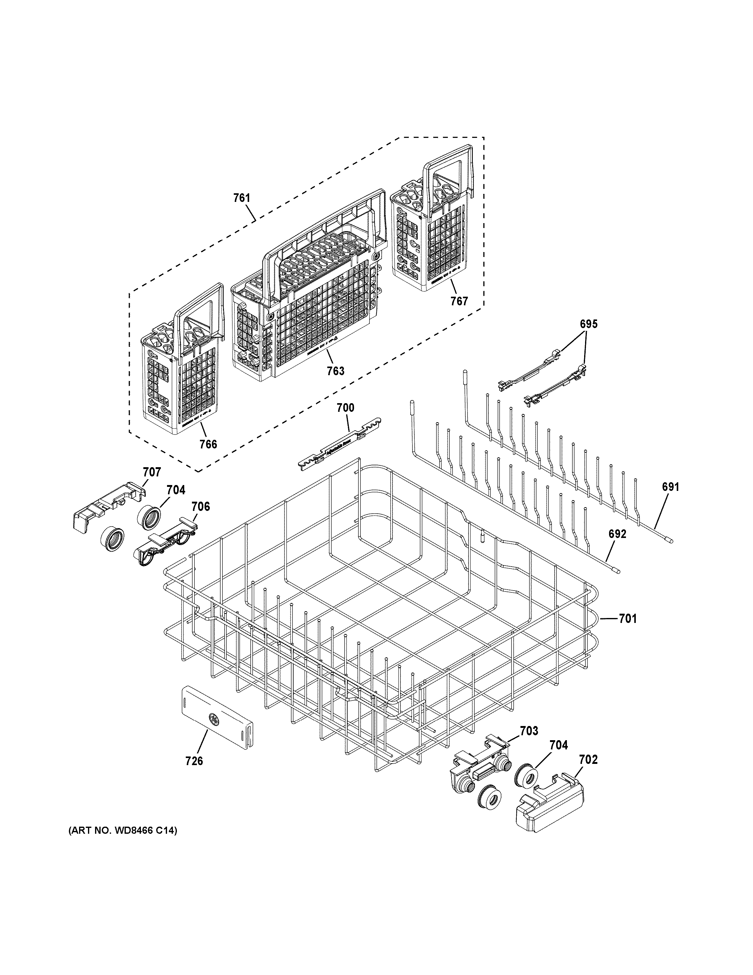 GE PDT760SIF1II lower rack assembly diagram