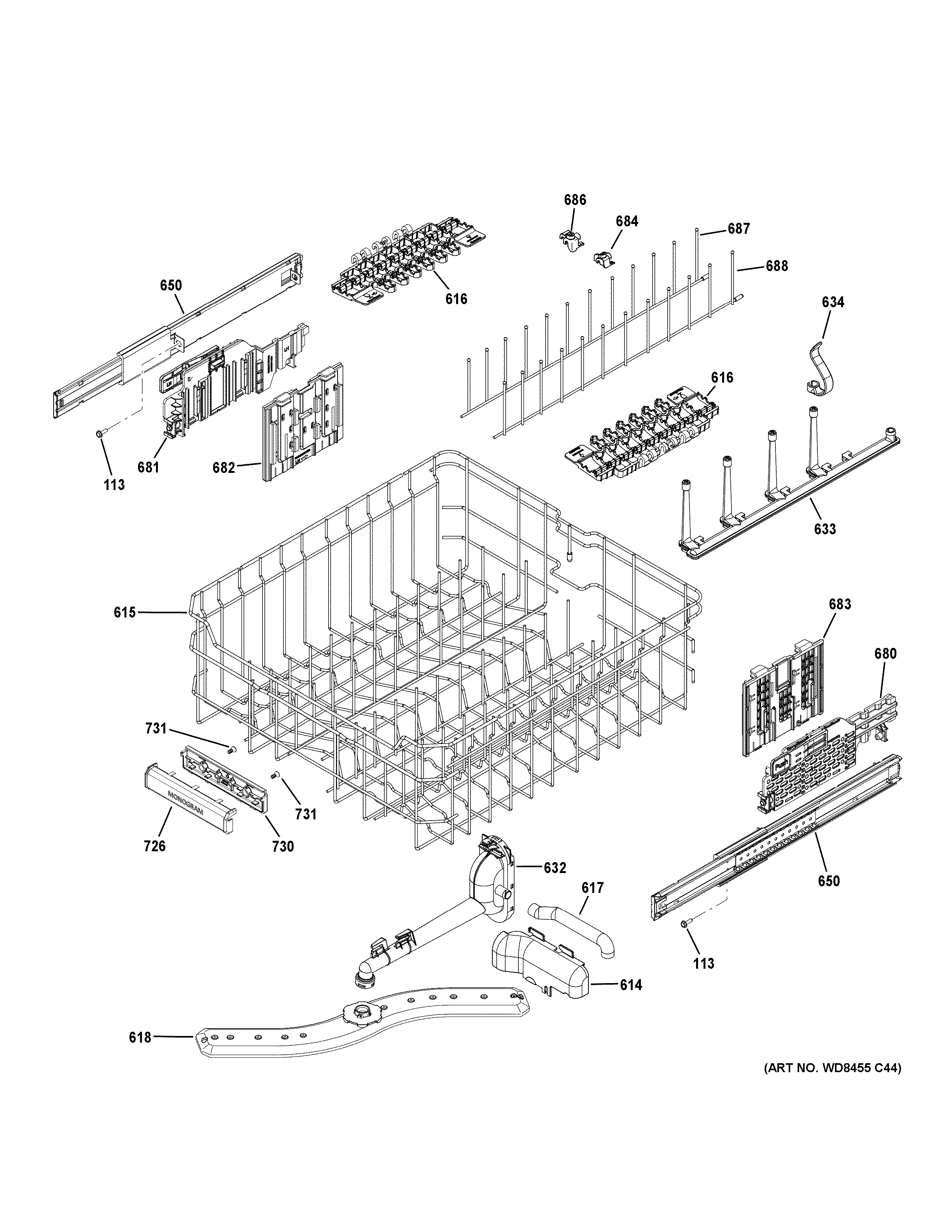 GE ZDT800SSF1SS upper rack assembly diagram