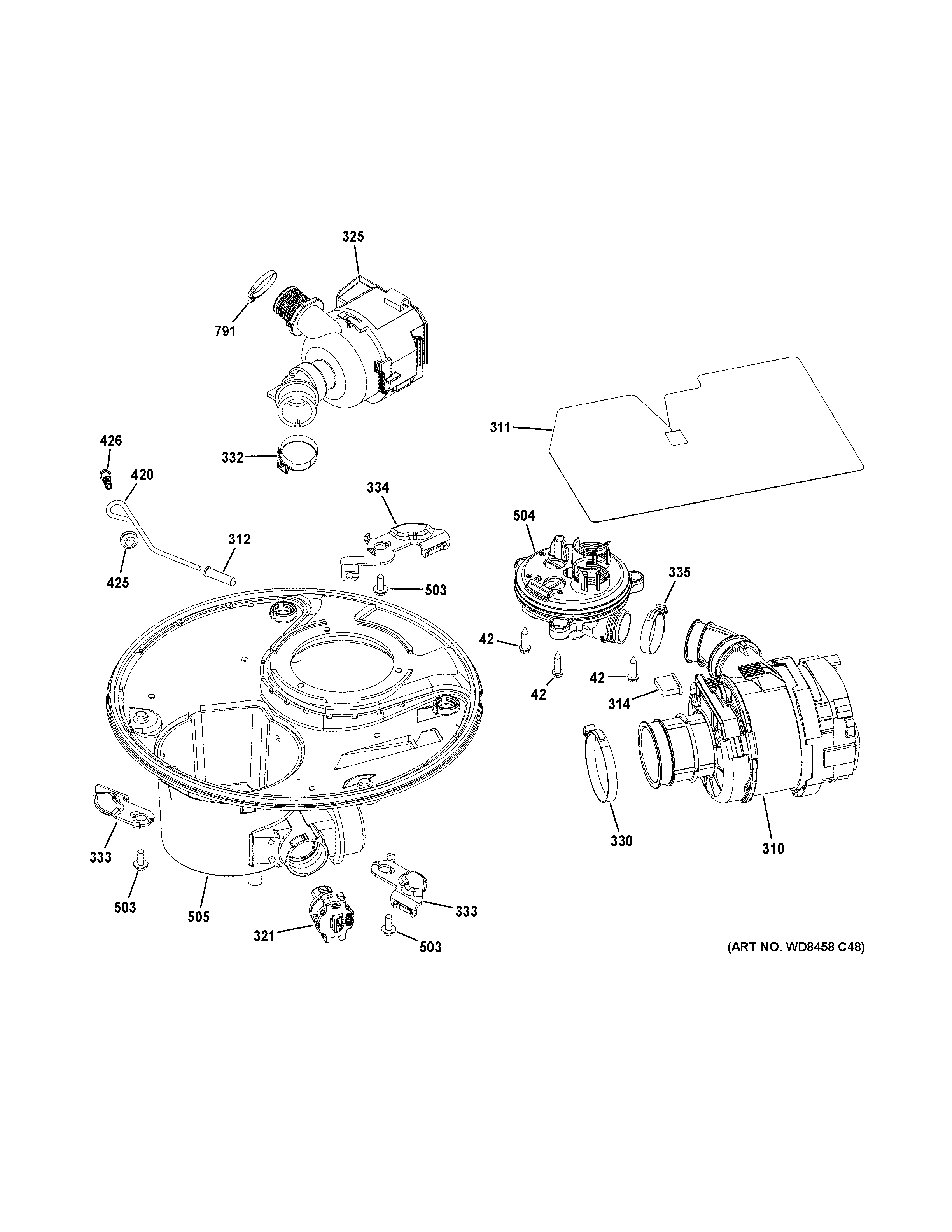 GE PDT845SFL3DS sump & motor mechanism diagram